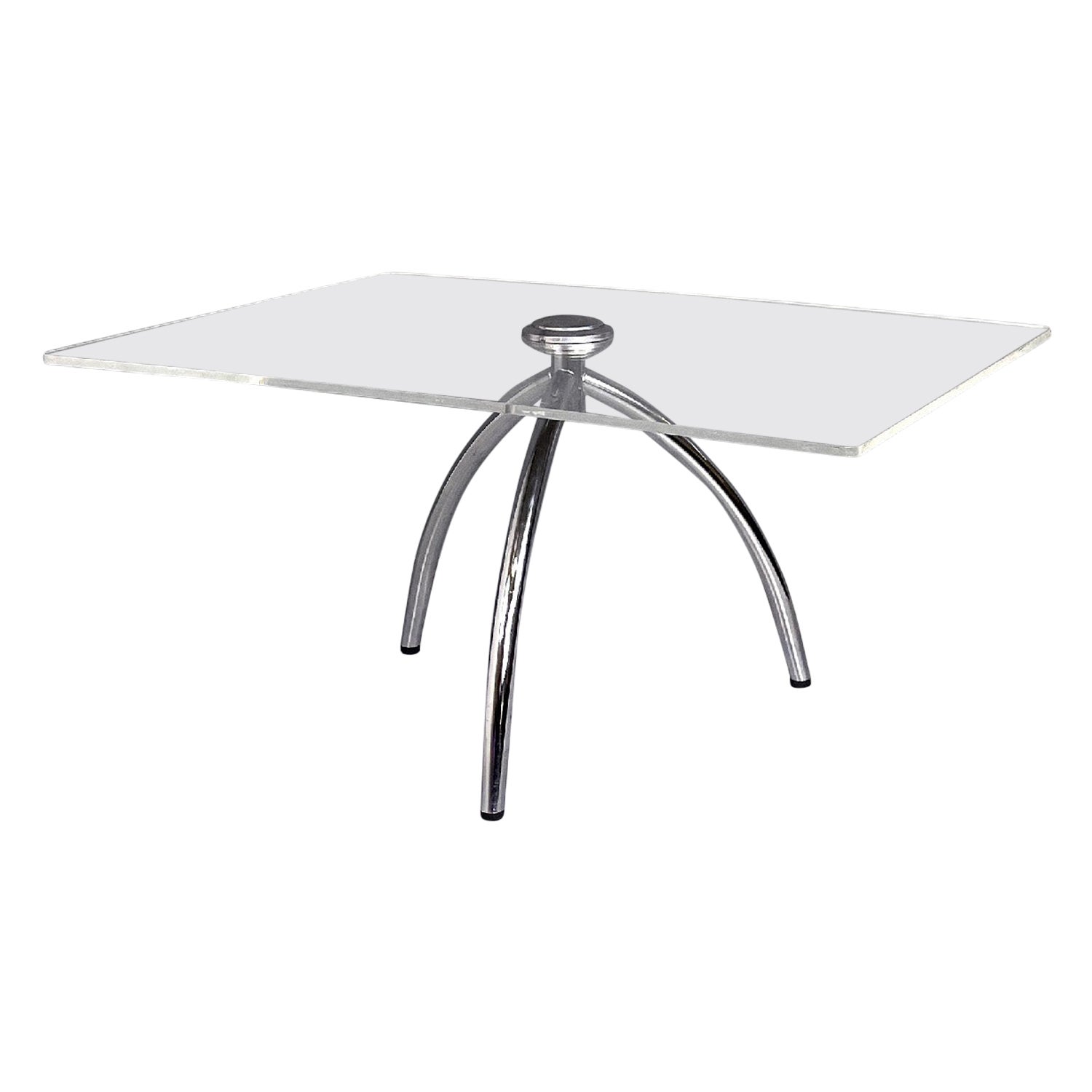 Italian modern coffee table transparent plexiglass and aluminum structure, 1980s