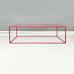 Italian Modern Coffee Table with Rectangular Glass Top and Red Metal, 1980s