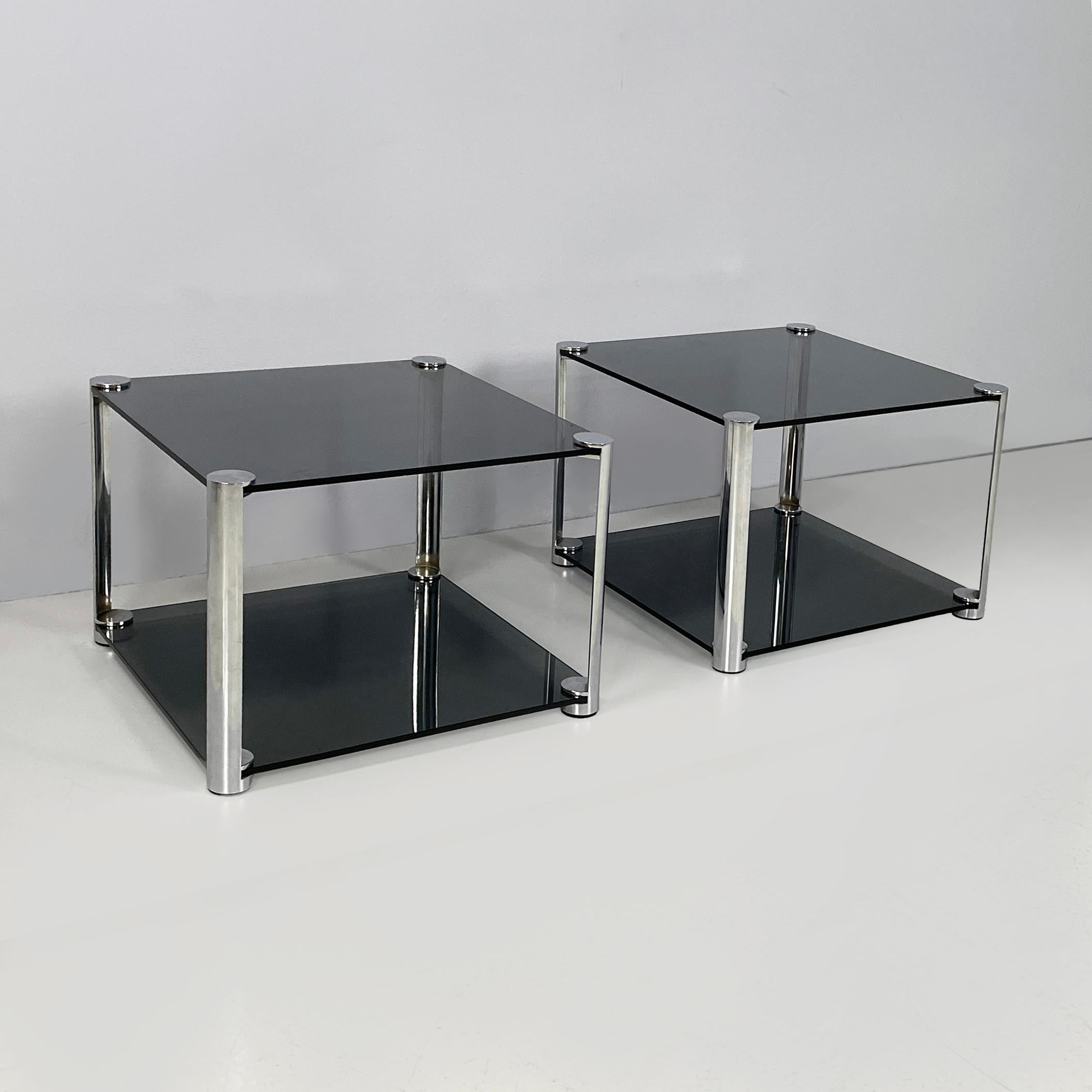 Moderne Tables basses italiennes modernes en verre fumé et métal chromé, années 1980 en vente