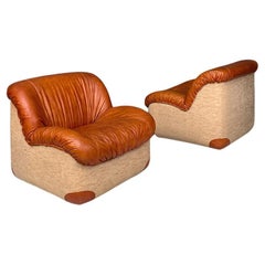 Italian Modern Cognac Leather and Sand Colored Fabric Pair of Armchairs, 1970s