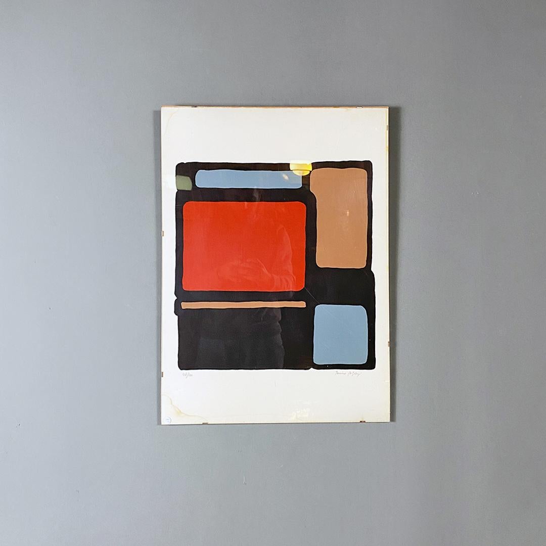 Tableau abstrait moderne italien rouge, brun, vert, bleu clair, orange, noir et blanc provenant d'une maison-studio milanaise, 1970
Belle et simple, peinture abstraite de taille moyenne provenant d'une importante maison-studio d'architectes