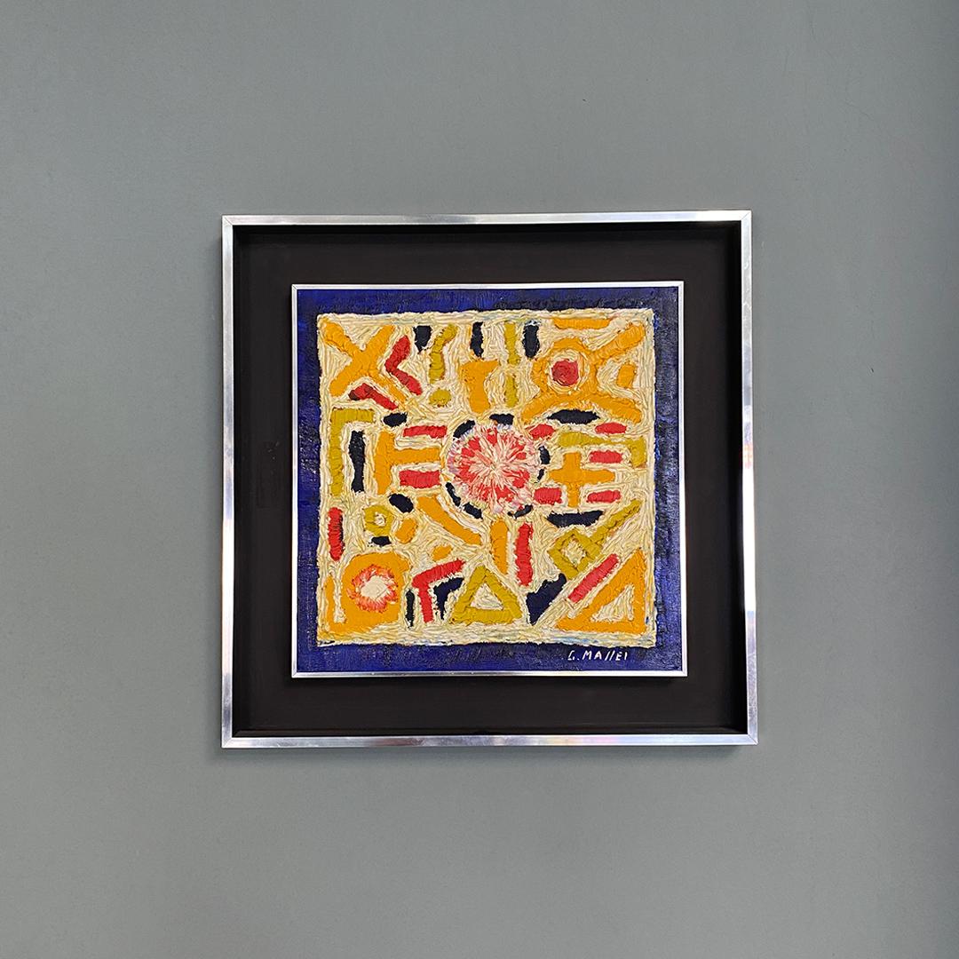 Œuvre d'art moderne italienne à la détrempe colorée, signée par G. Maffei, années 1970
Tableau abstrait à la détrempe, peint d'un coup de pinceau épais aux couleurs variées, avec cadre en acier chromé.
Œuvre signée par G. Maffei, vers 1970.
Bonnes