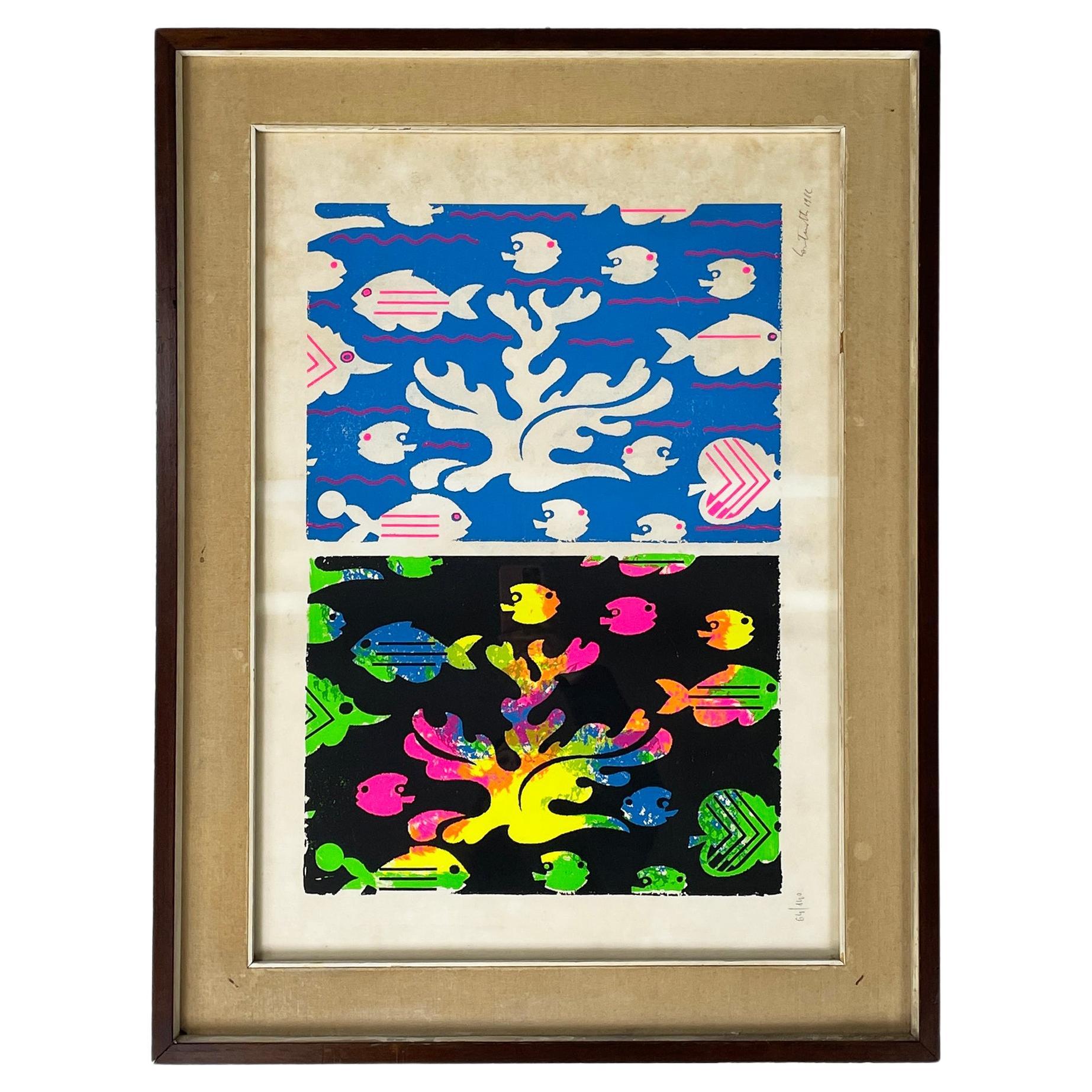 Italian modern colorful marine screen printing by Bruno Contenotte, 1982