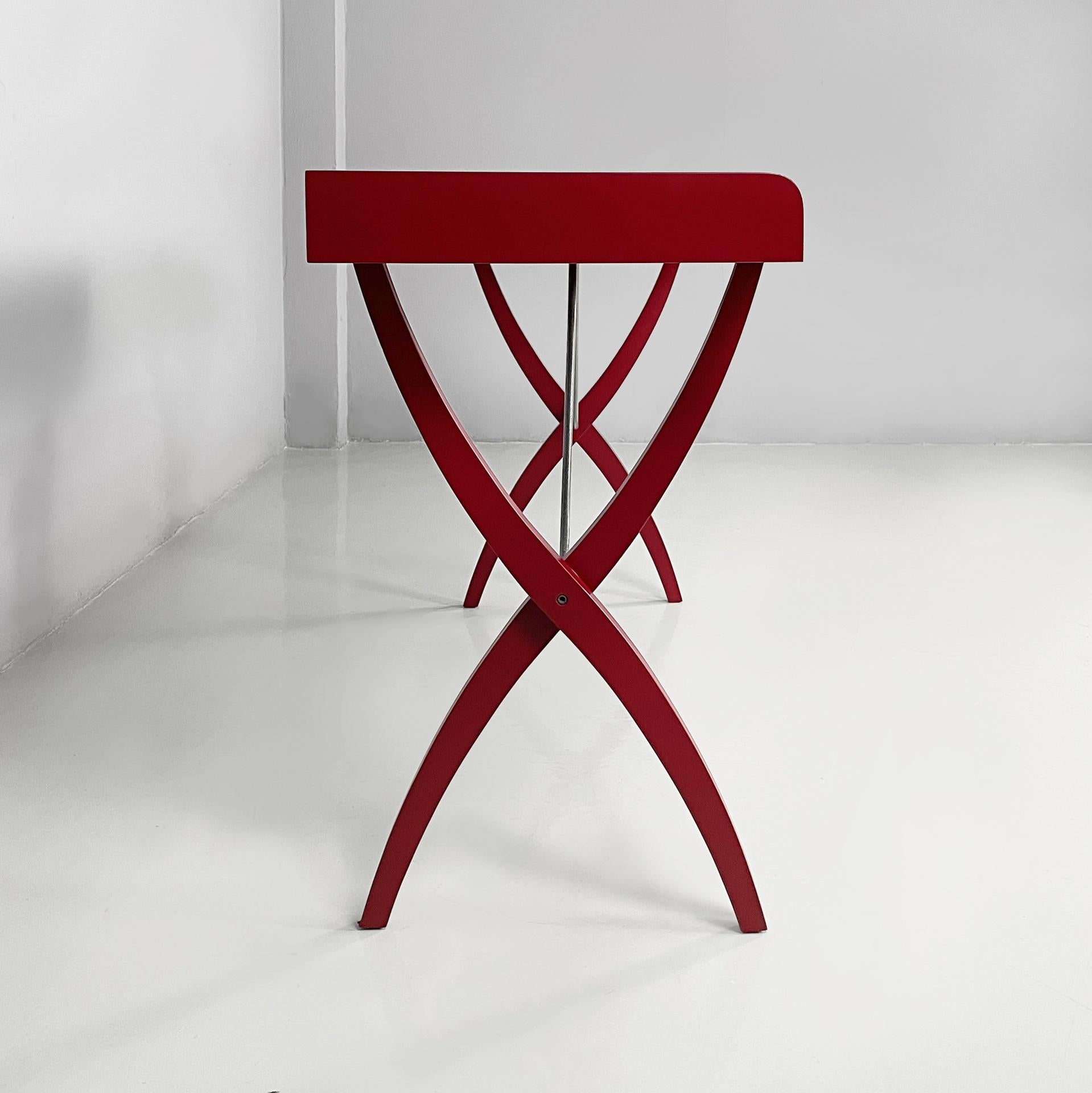 Modern Italian modern console or desk in burgundy wood and metal, 1980s For Sale