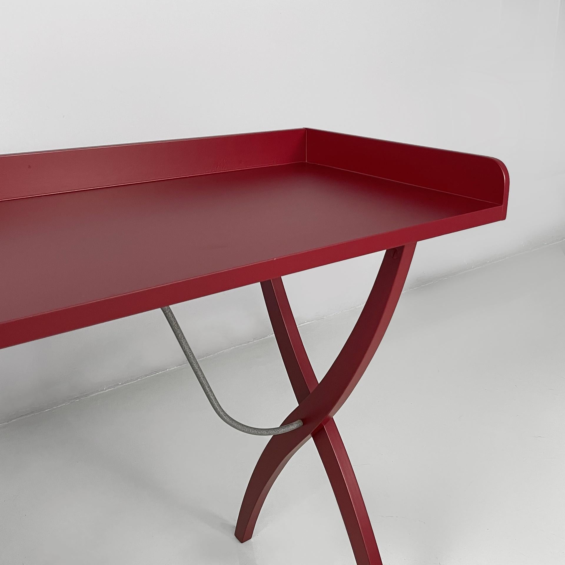 Late 20th Century Italian modern console or desk in burgundy wood and metal, 1980s For Sale