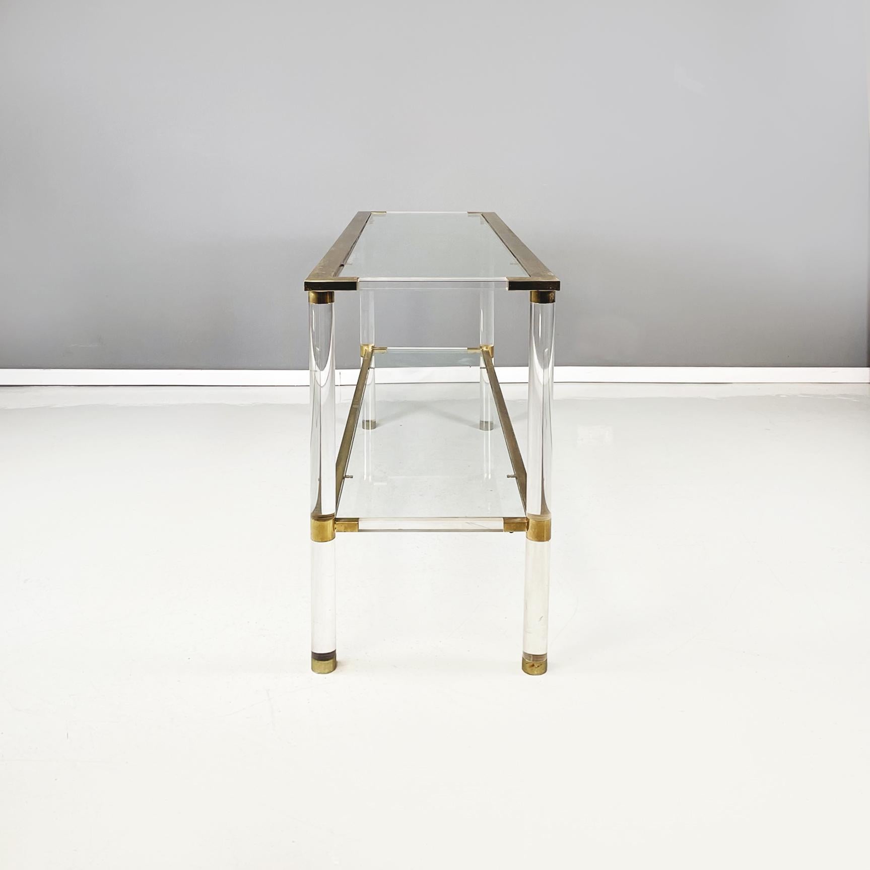 Italian Modern Console with 2 Shelfs in Plexiglass, Glass and Brass, 1970s In Good Condition In MIlano, IT