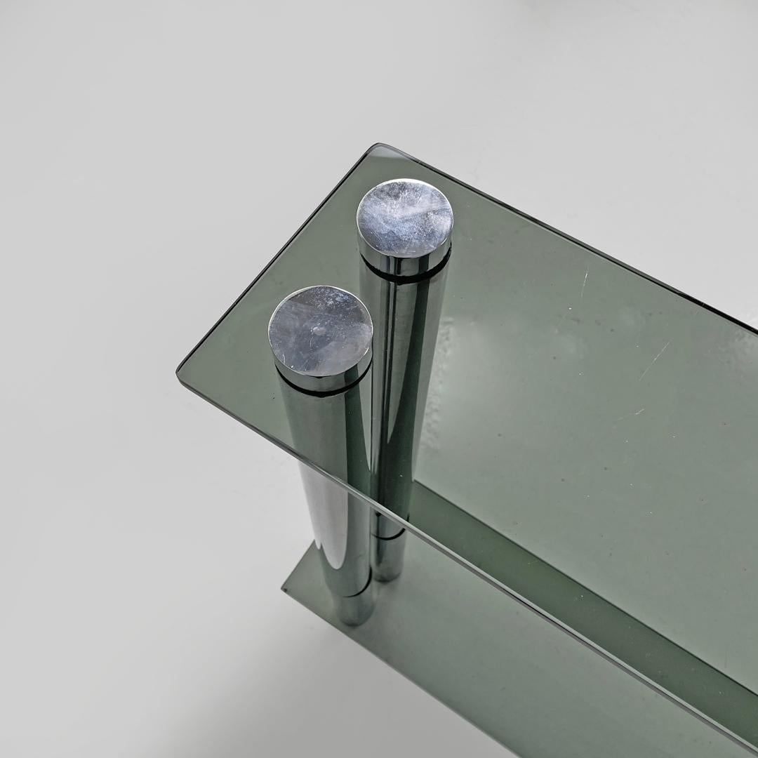 Italian modern console with two smoked glass tops and chromed metal legs, 1970s in vendita 4