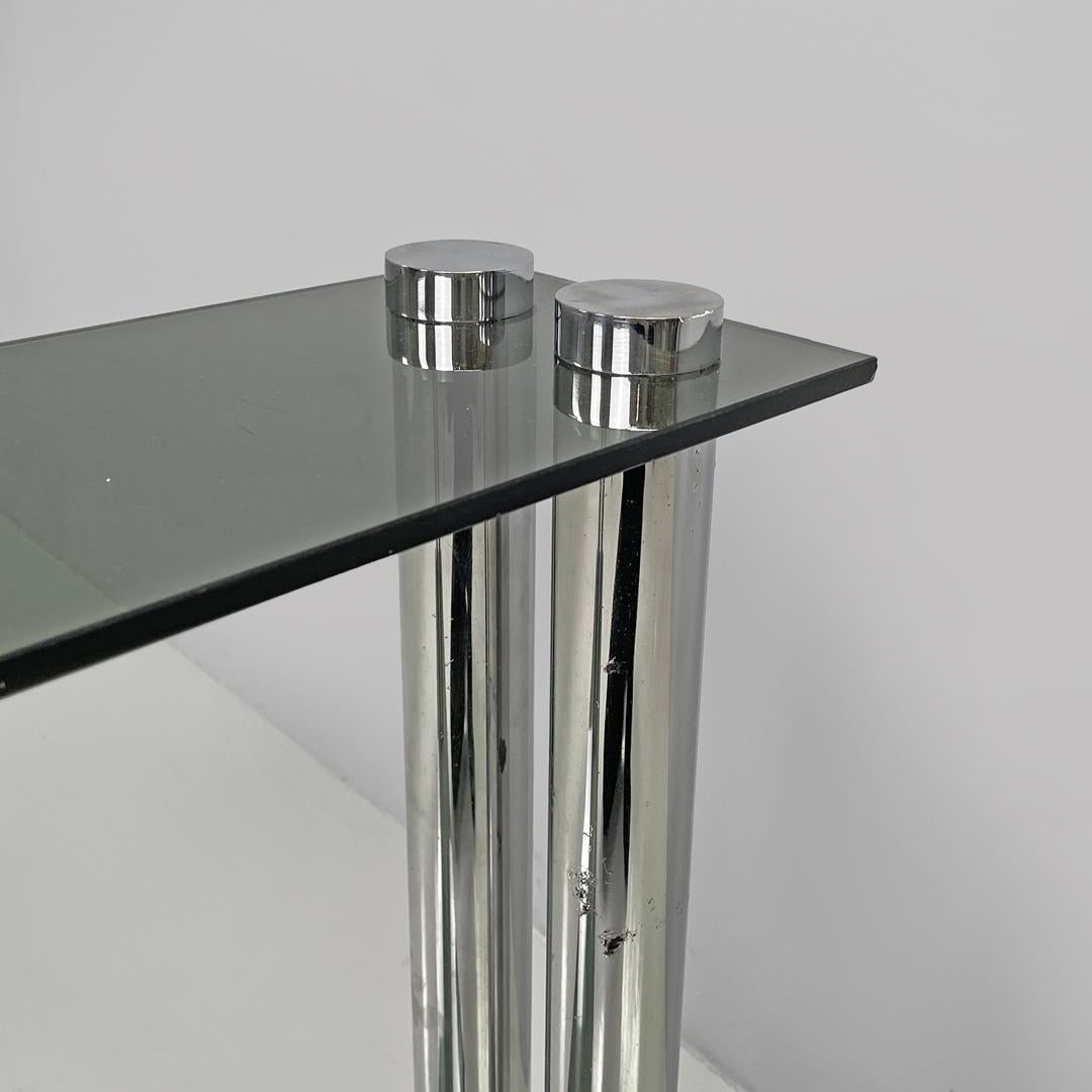 Italian modern console with two smoked glass tops and chromed metal legs, 1970s in vendita 5