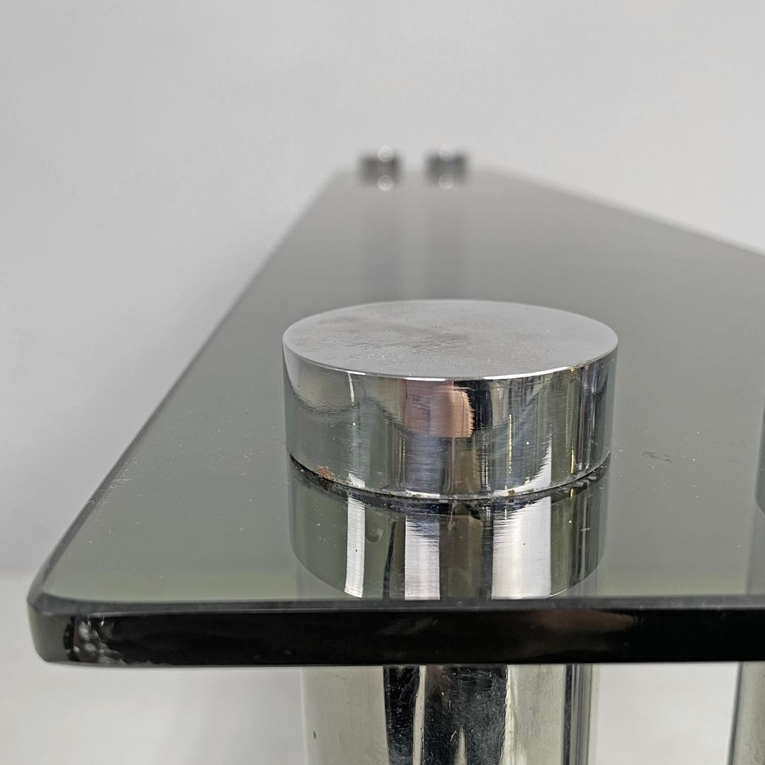 Italian modern console with two smoked glass tops and chromed metal legs, 1970s in vendita 7