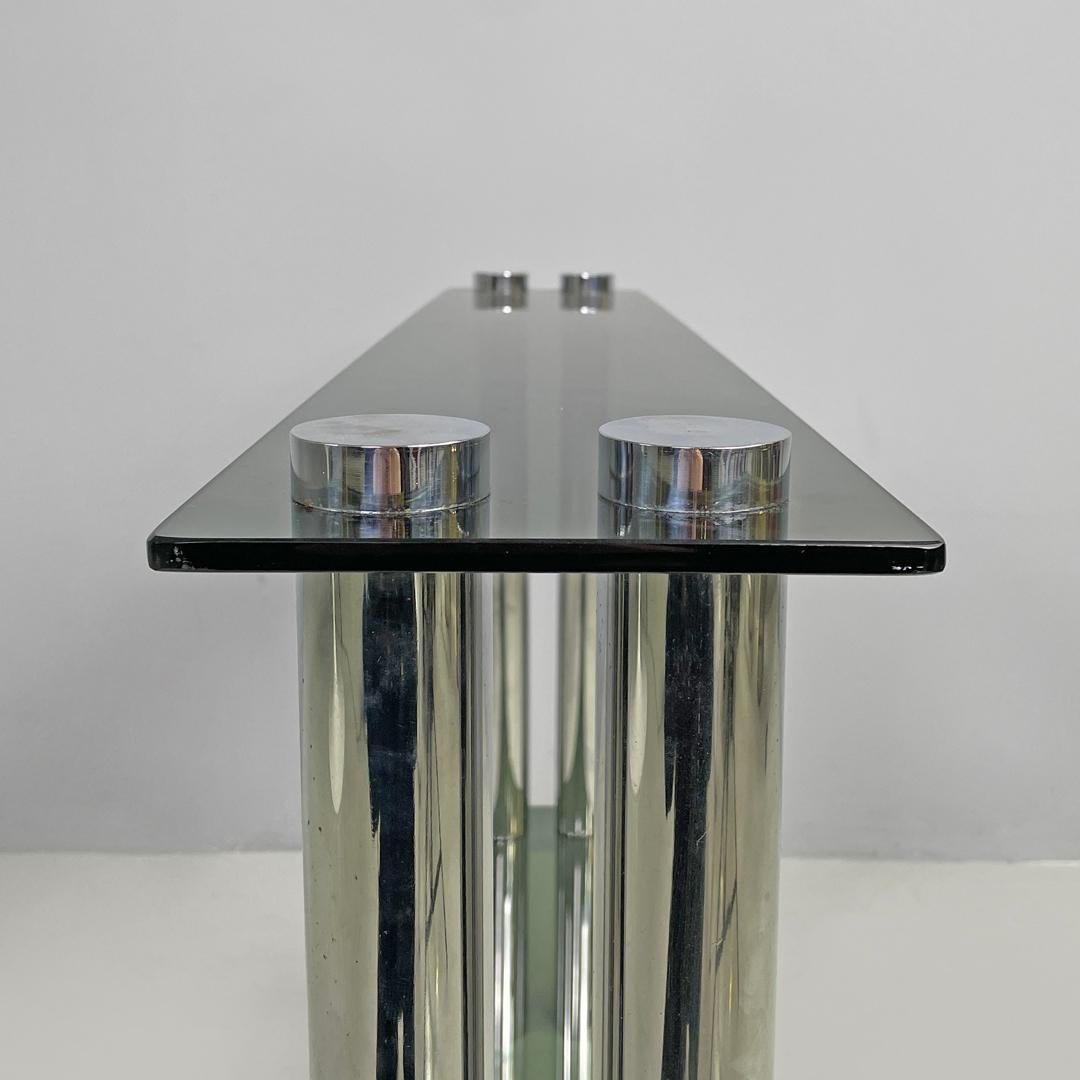 Italian modern console with two smoked glass tops and chromed metal legs, 1970s in vendita 8