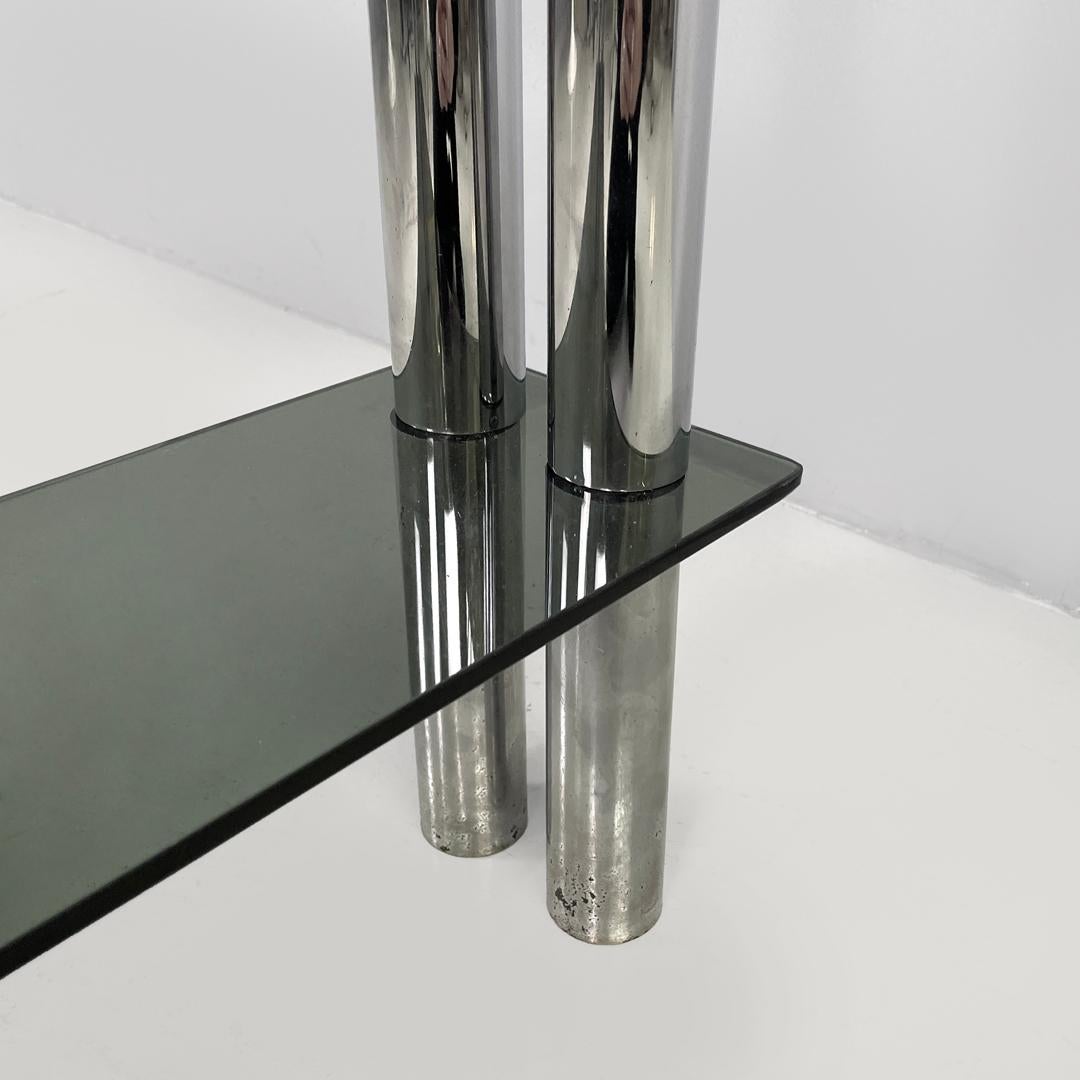 Italian modern console with two smoked glass tops and chromed metal legs, 1970s in vendita 12