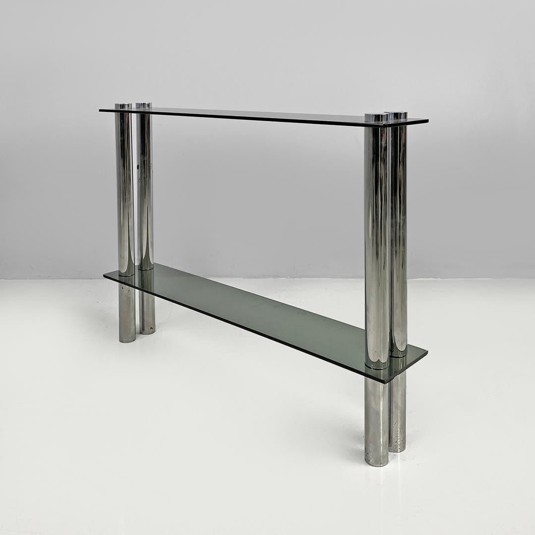 Moderno Italian modern console with two smoked glass tops and chromed metal legs, 1970s in vendita