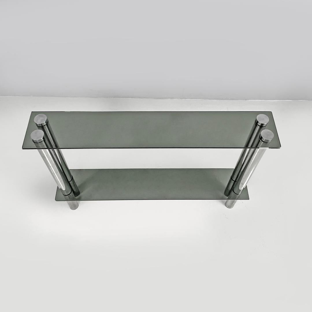 Late 20th Century Italian modern console with two smoked glass tops and chromed metal legs, 1970s in vendita