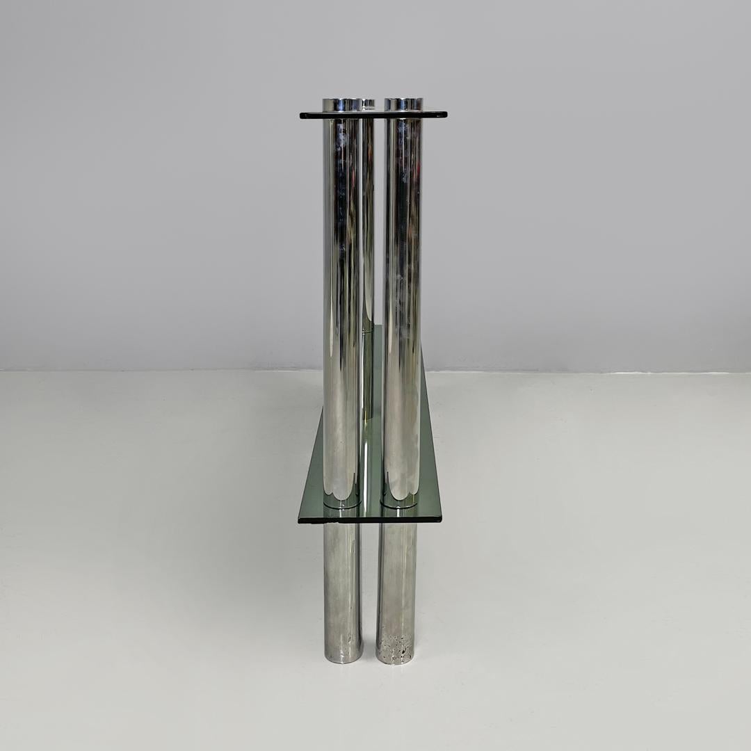 Metallo Italian modern console with two smoked glass tops and chromed metal legs, 1970s in vendita