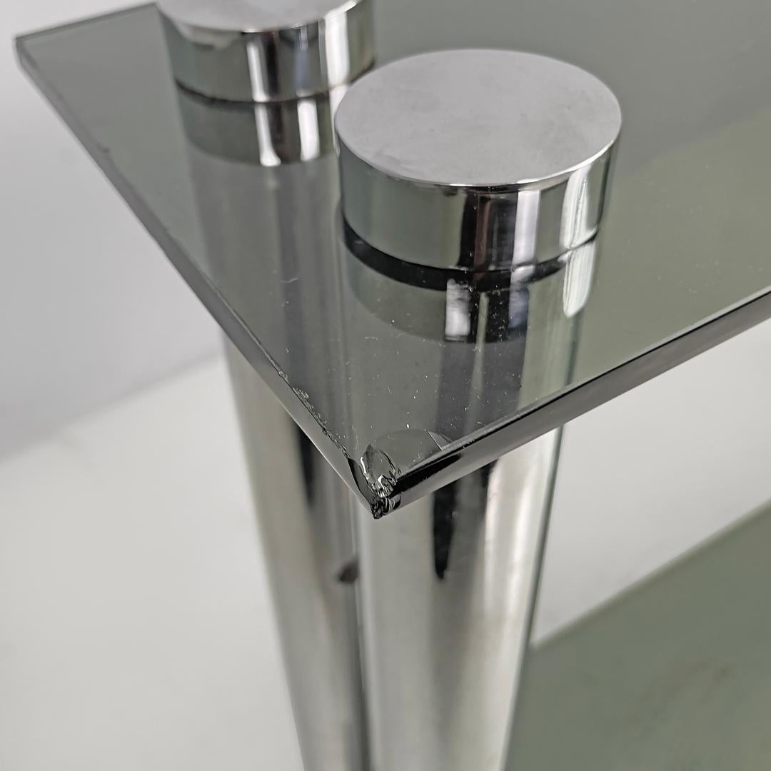 Italian modern console with two smoked glass tops and chromed metal legs, 1970s in vendita 2