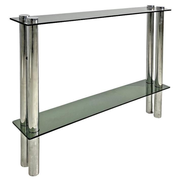 Italian modern console with two smoked glass tops and chromed metal legs, 1970s