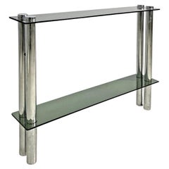 Italienische moderne Konsole mit zwei Rauchglasplatten und verchromten Metallbeinen, 1970er Jahre