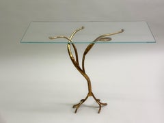 Italian Modern Craftsman Hand Hammered Gilt Iron & Glass Console, Giovanni Banci
