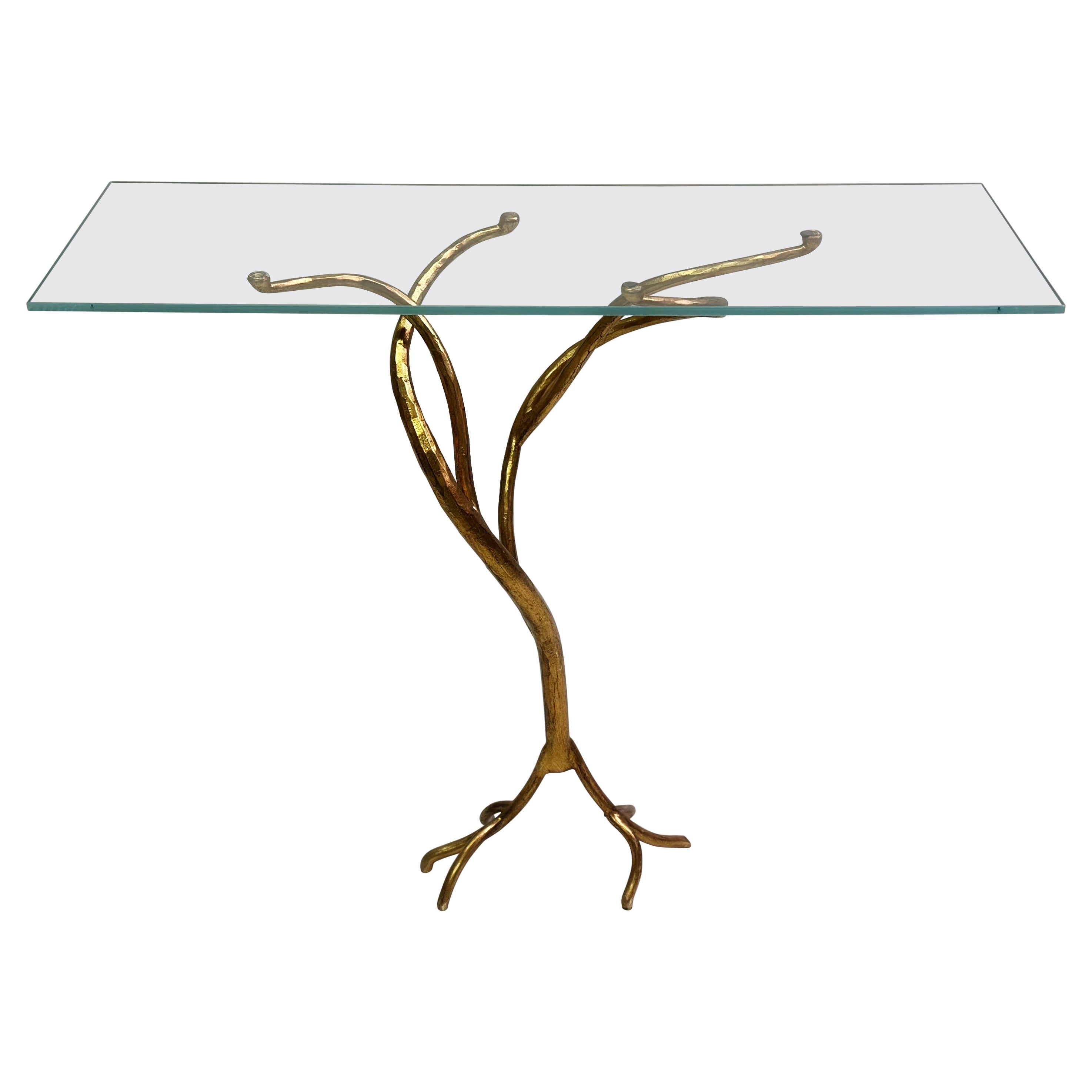 Italian Modern Craftsman Hand Hammered Gilt Iron & Glass Console, Giovanni Banci