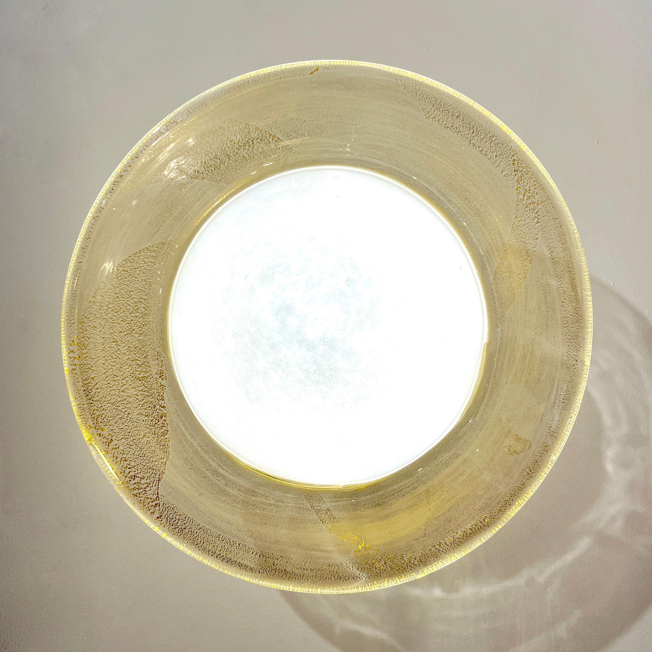 Italian Modern Cream Gold Murano Glass Brass Pair of Round Sconces/Flushmounts 4