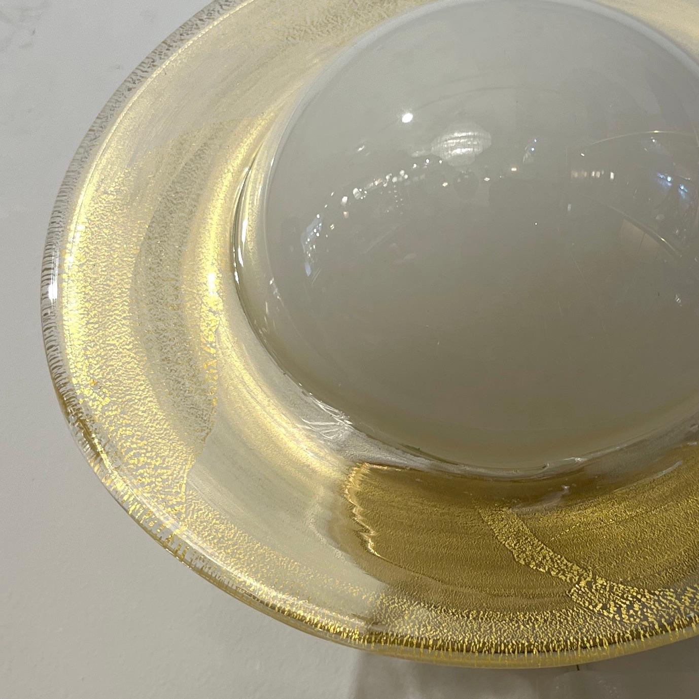 Italian Modern Cream Gold Murano Glass Brass Pair of Round Sconces/Flushmounts For Sale 5