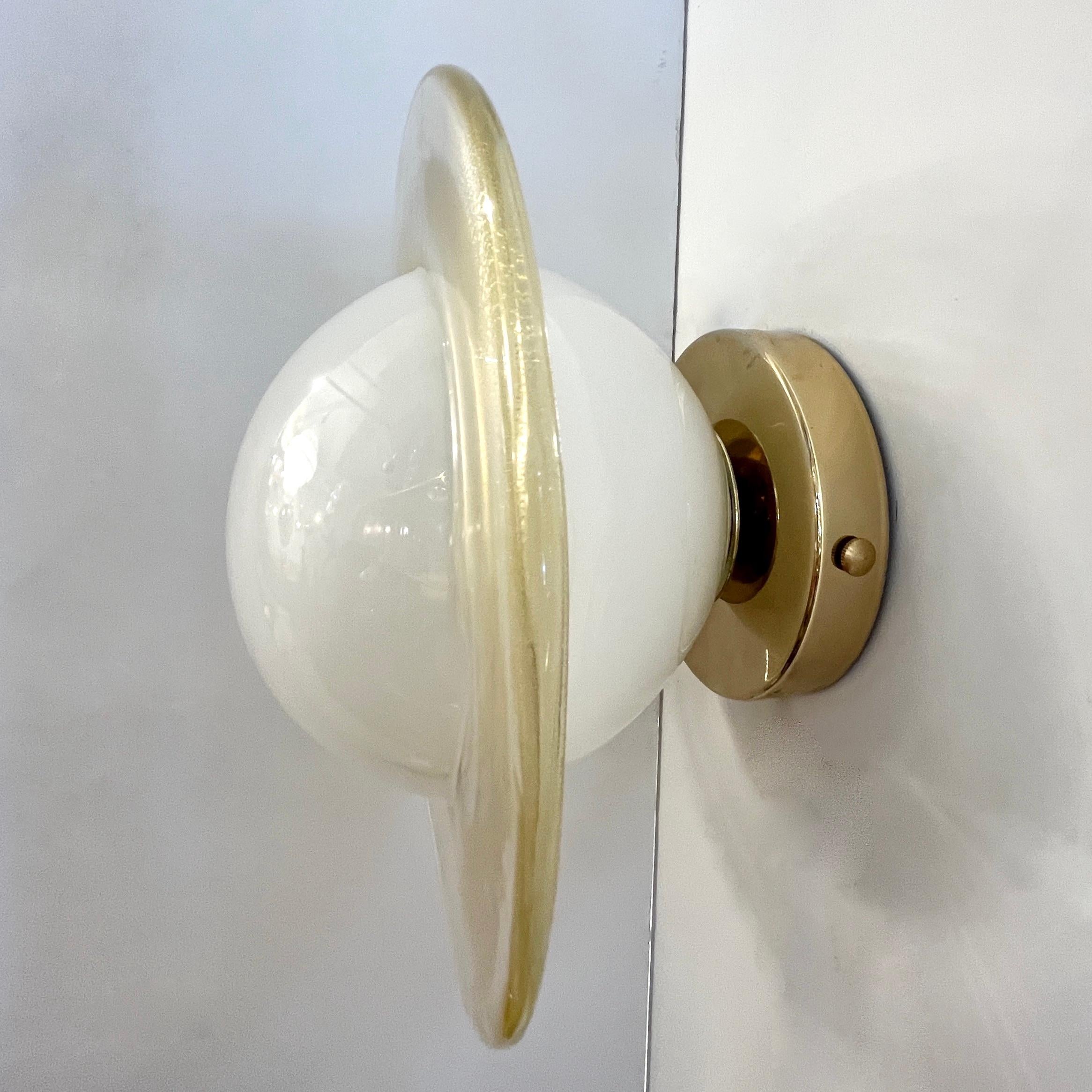 Italian Modern Cream Gold Murano Glass Brass Pair of Round Sconces/Flushmounts 6