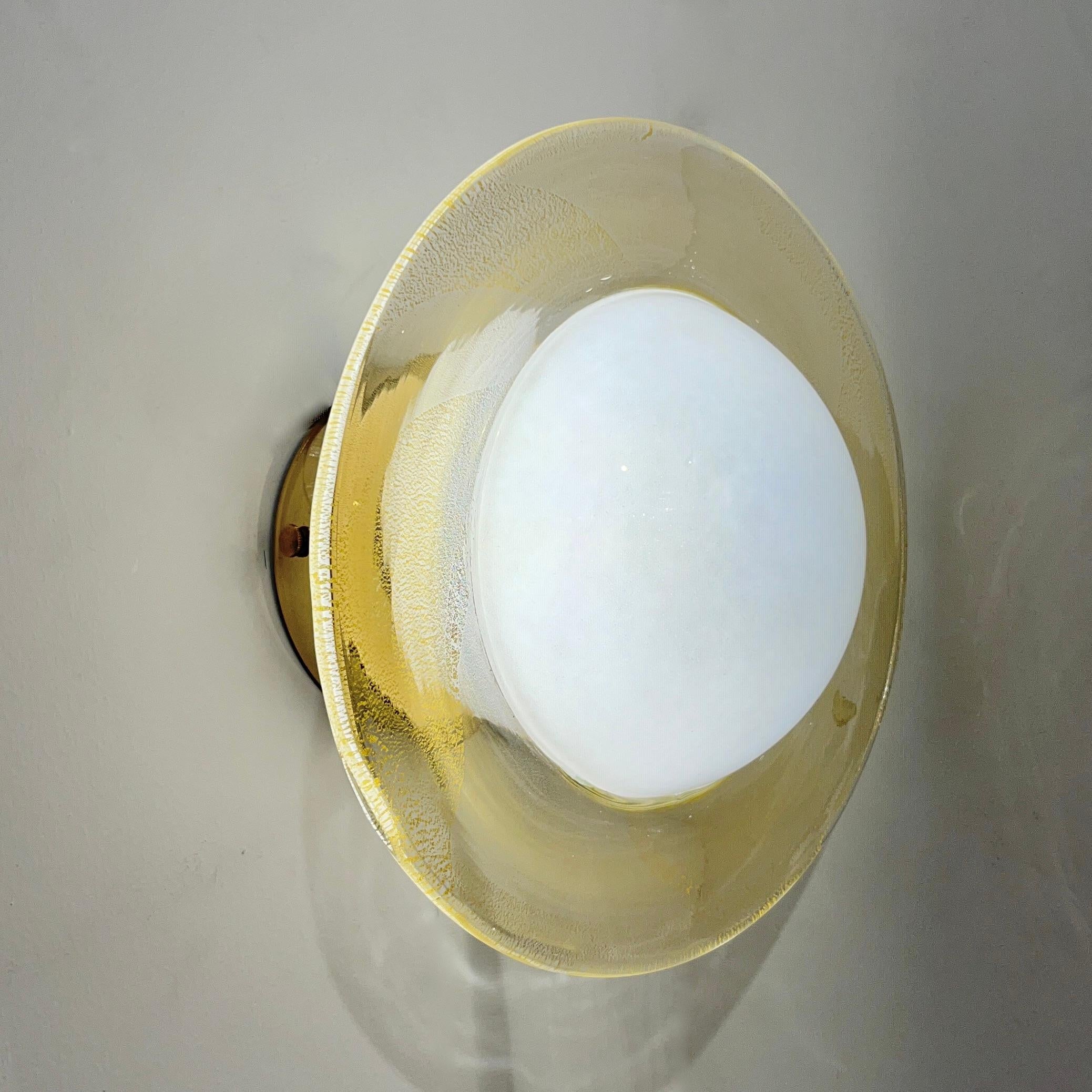 Italian Modern Cream Gold Murano Glass Brass Pair of Round Sconces/Flushmounts 8