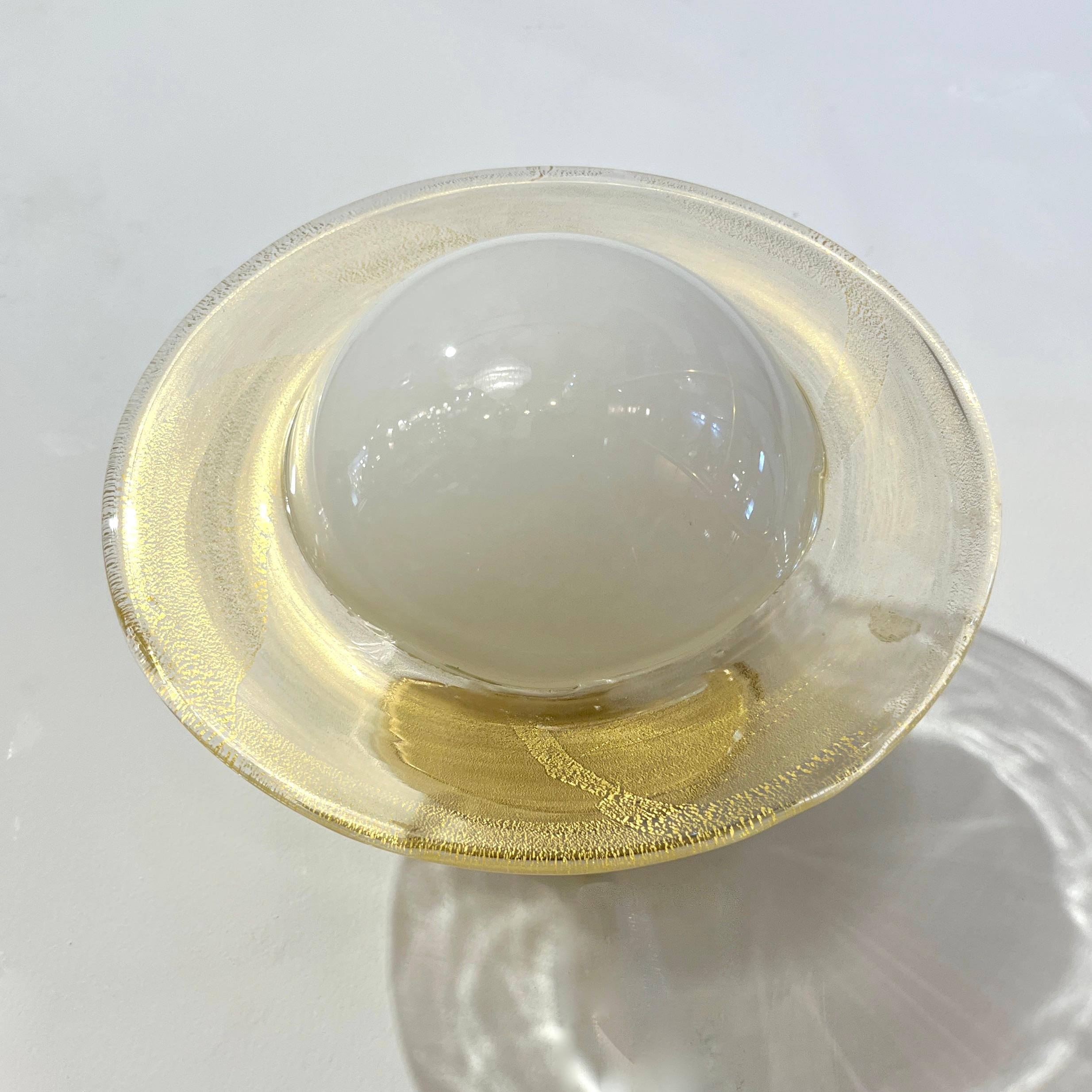 Italian Modern Cream Gold Murano Glass Brass Pair of Round Sconces/Flushmounts 9