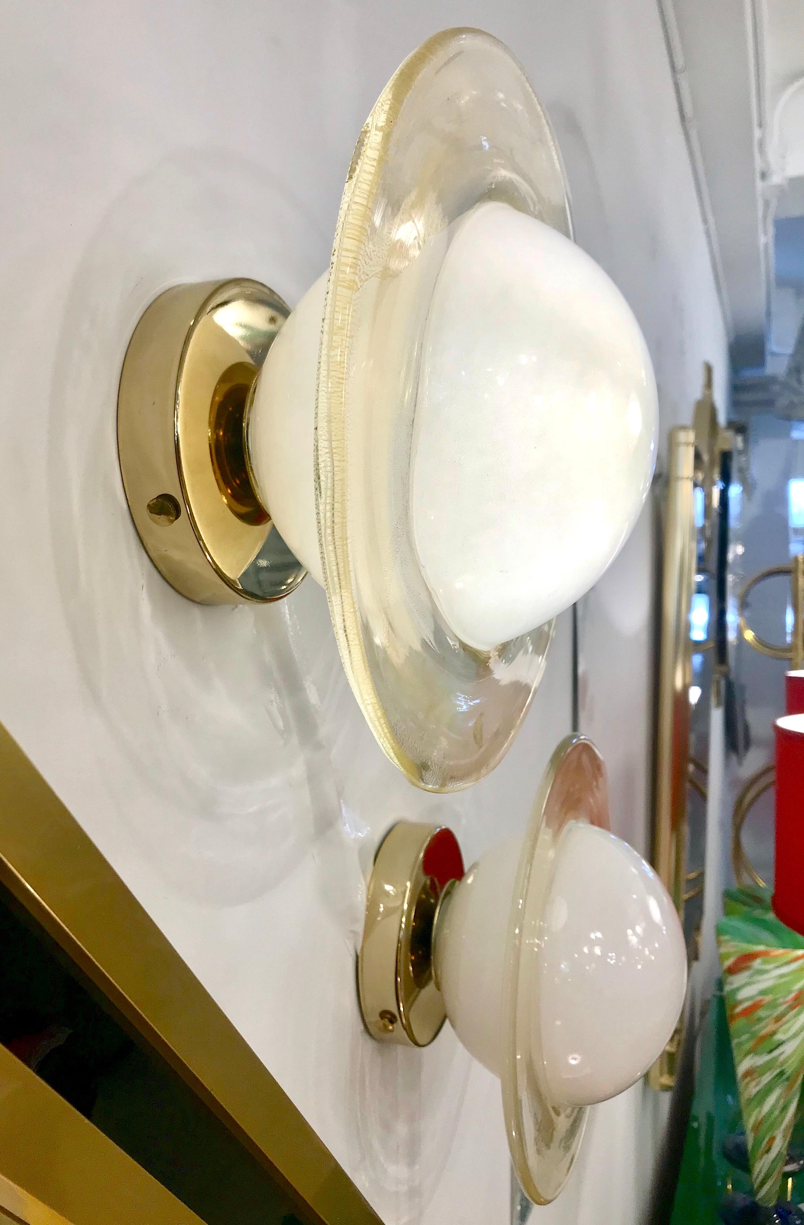 Organic Modern Italian Modern Cream Gold Murano Glass Brass Pair of Round Sconces/Flushmounts