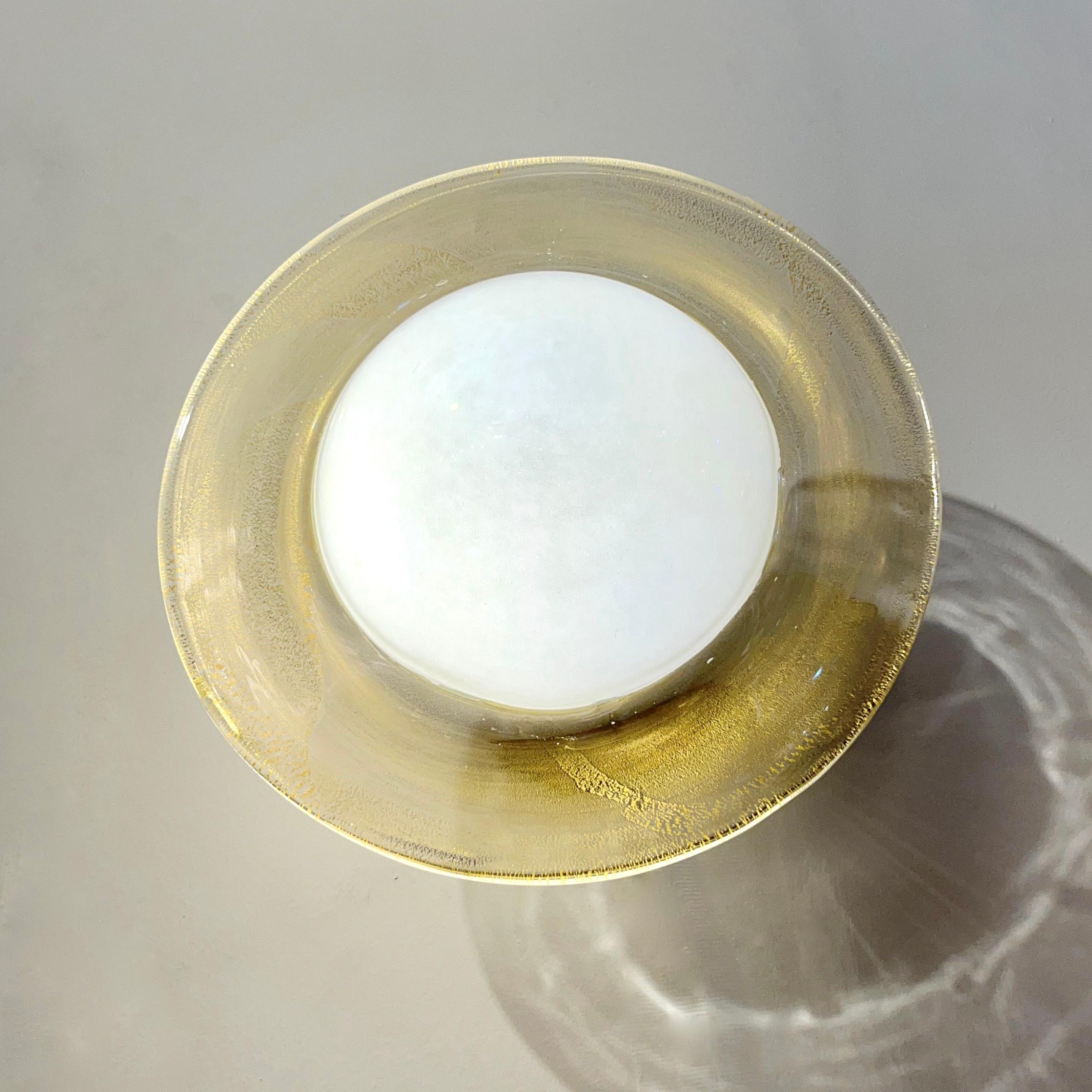 Hand-Crafted Italian Modern Cream Gold Murano Glass Brass Pair of Round Sconces/Flushmounts For Sale