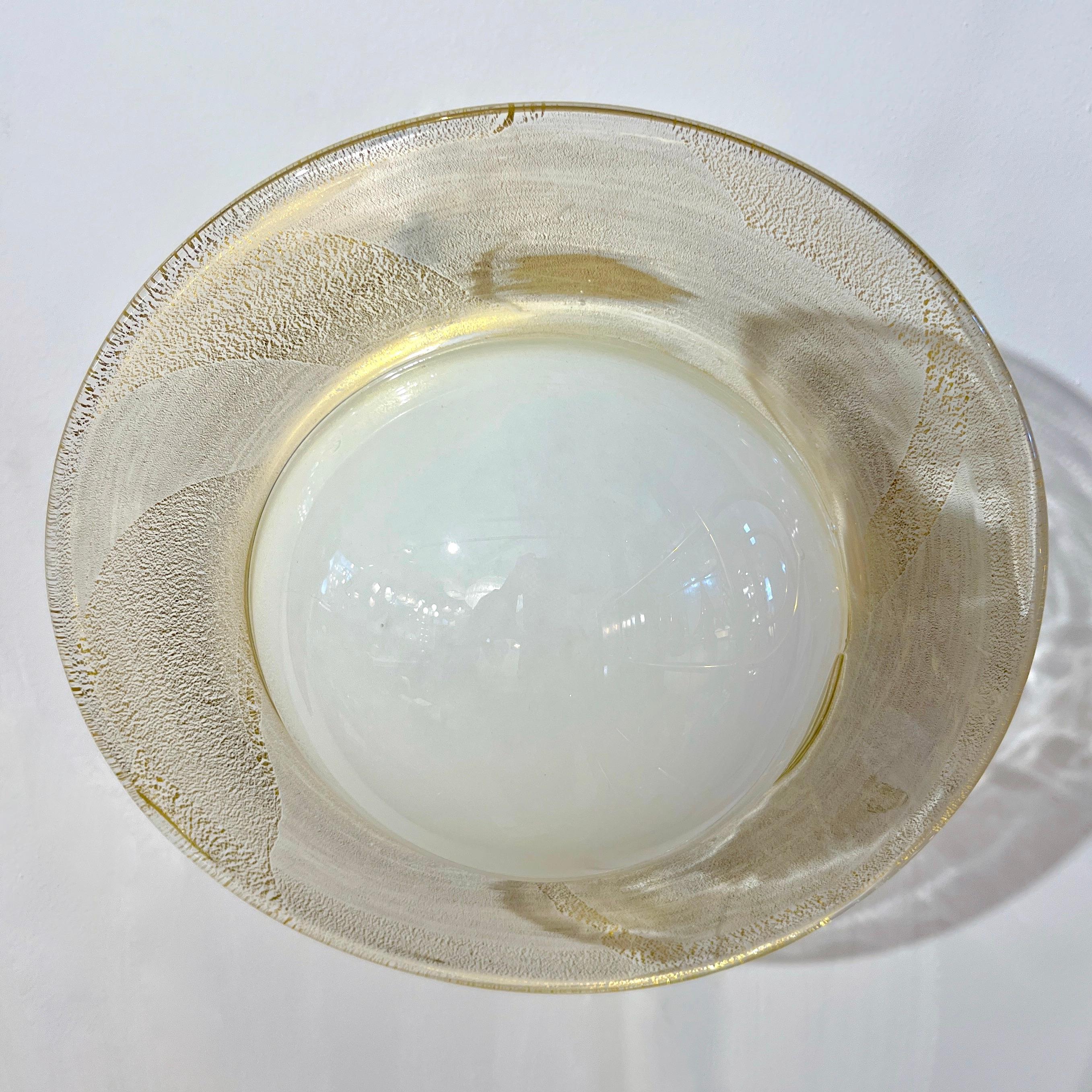 Contemporary Italian Modern Cream Gold Murano Glass Brass Pair of Round Sconces/Flushmounts