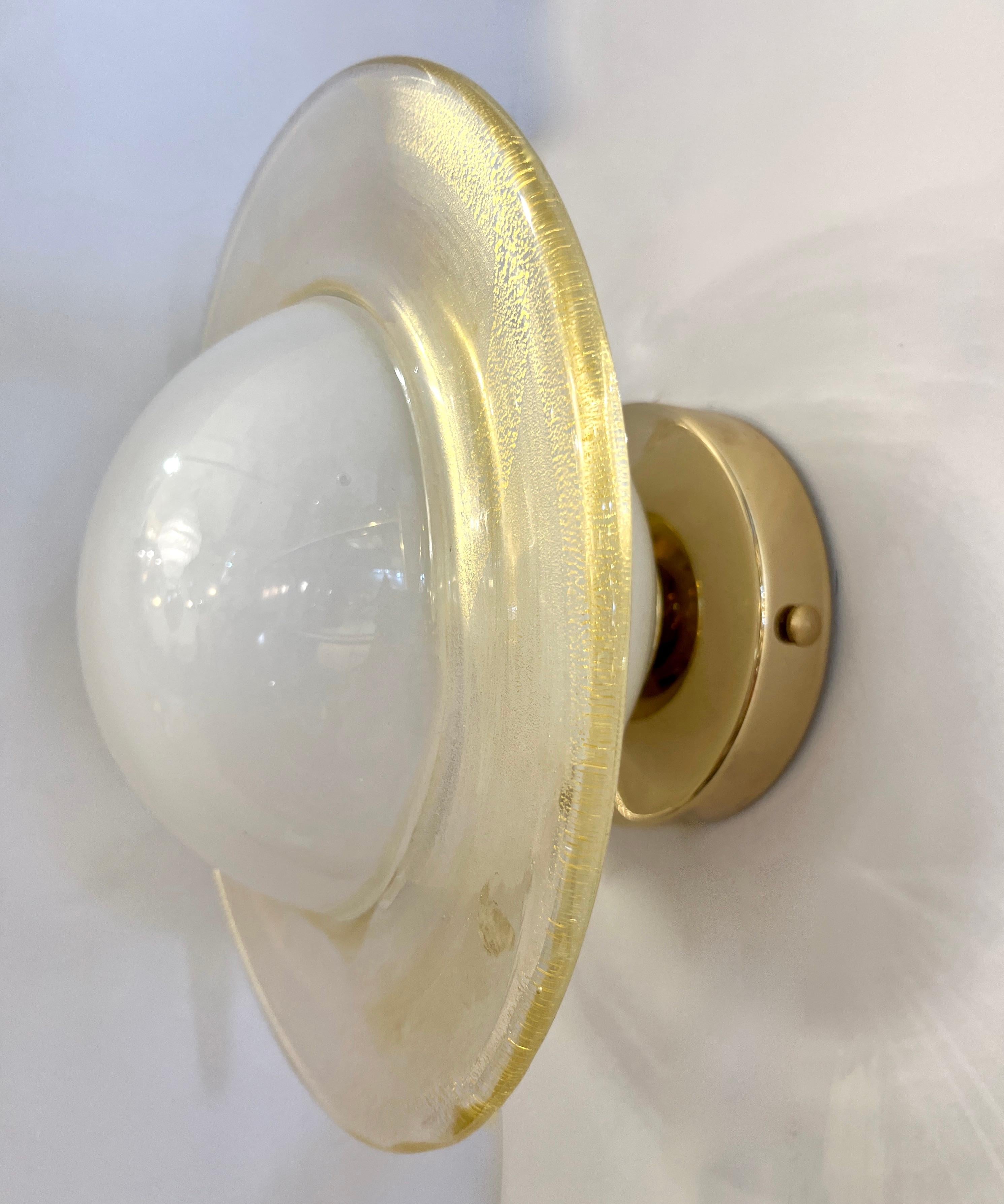 Italian Modern Cream Gold Murano Glass Brass Pair of Round Sconces/Flushmounts 1