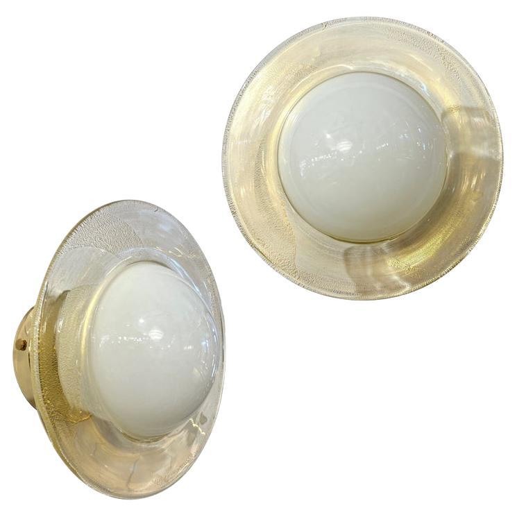 Italian Modern Cream Gold Murano Glass Brass Pair of Round Sconces/Flushmounts