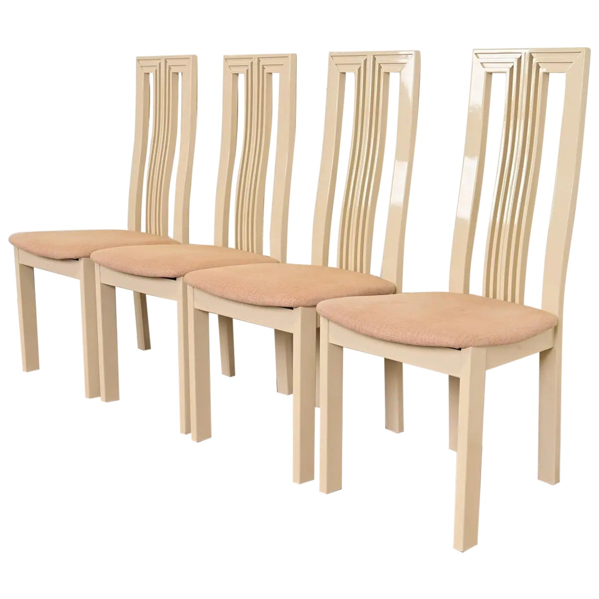 Italian Modern Cream Lacquered High Back Dining Chairs, Set of Four
