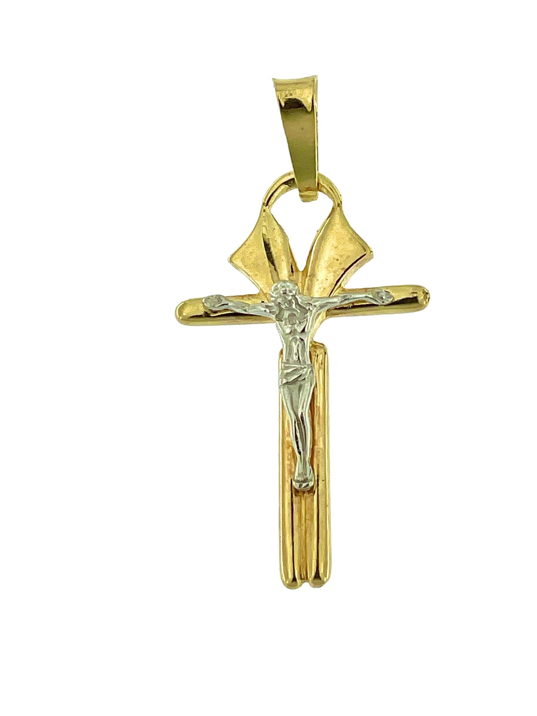 The Italian Modern Crucifix in Yellow and White Gold embodies a contemporary interpretation of the traditional crucifix design, infused with Italian artistry and craftsmanship. Crafted from 18-karat yellow and white gold, this stylized crucifix