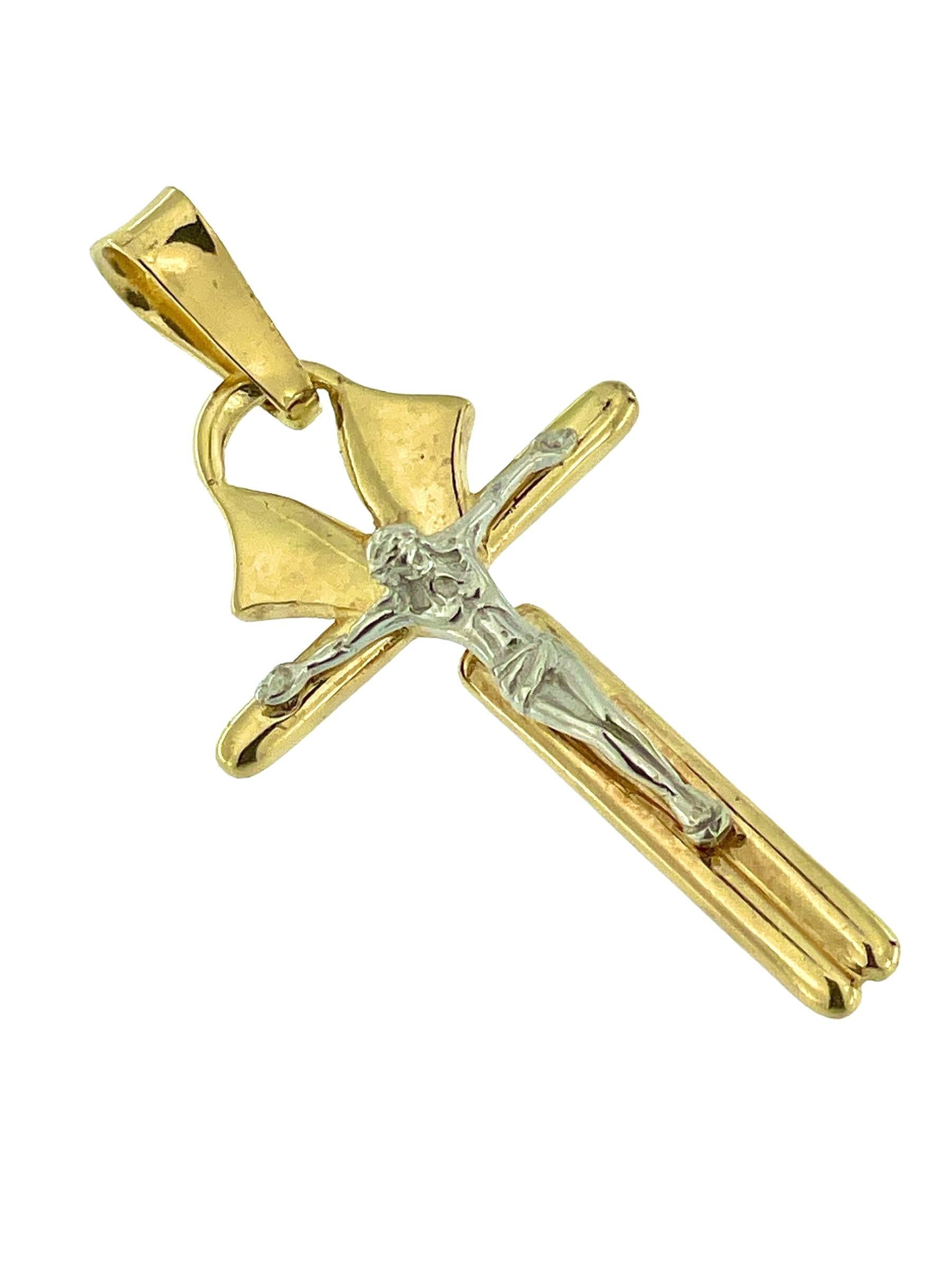 Italian Modern Crucifix Yellow and White Gold Stylized Coptic Style In Good Condition For Sale In Esch sur Alzette, Esch-sur-Alzette