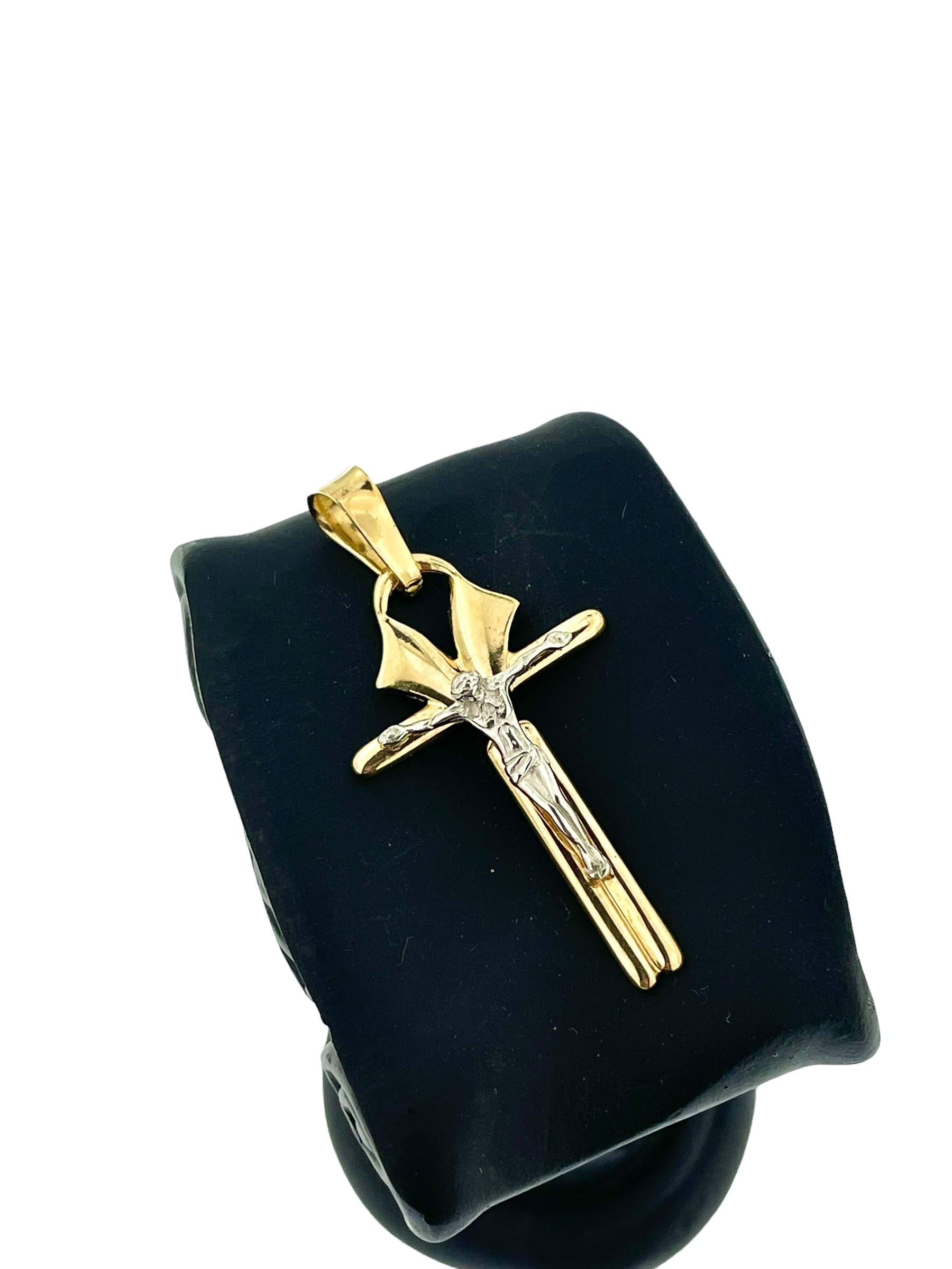 Italian Modern Crucifix Yellow and White Gold Stylized Coptic Style For Sale 1