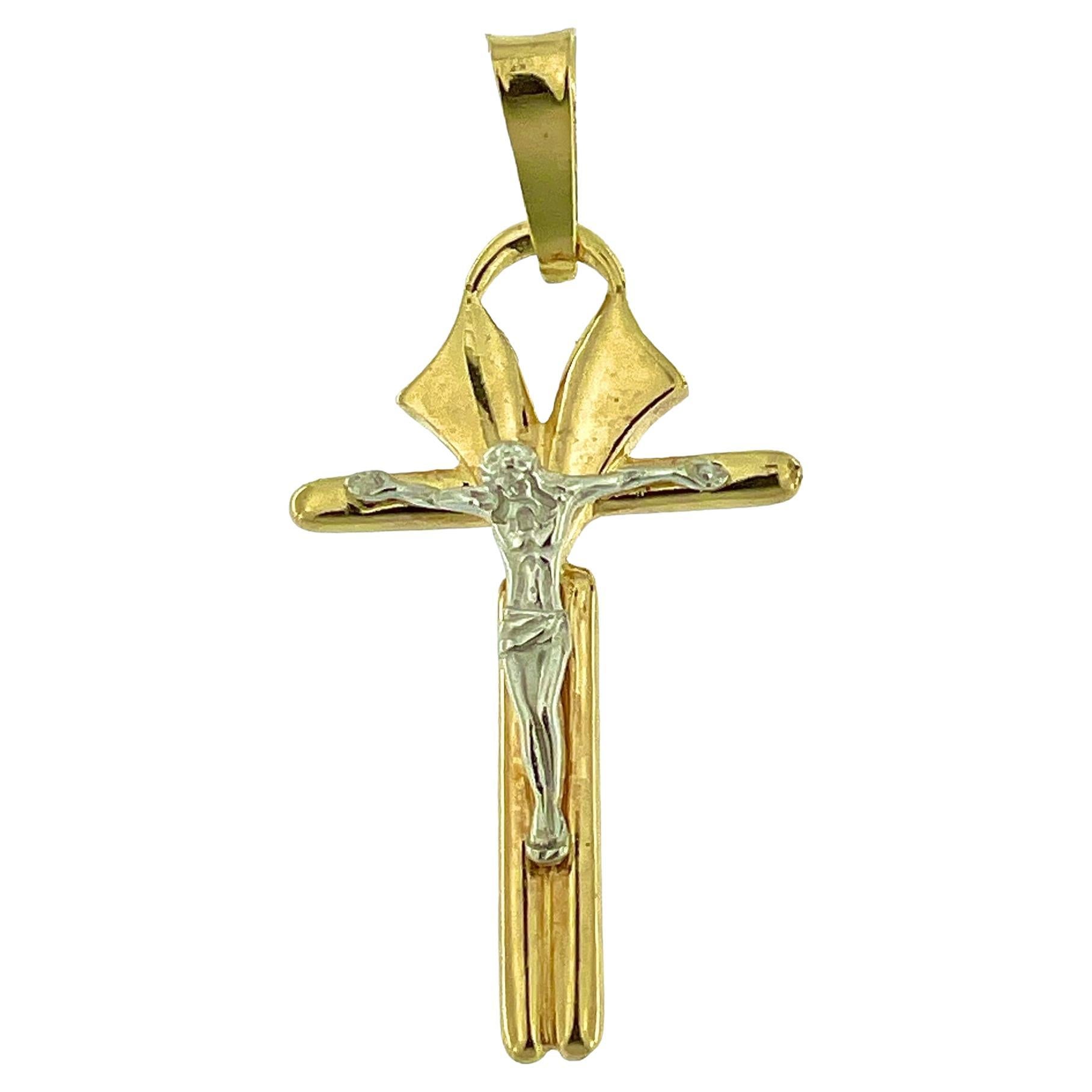 Italian Modern Crucifix Yellow and White Gold Stylized Coptic Style For Sale