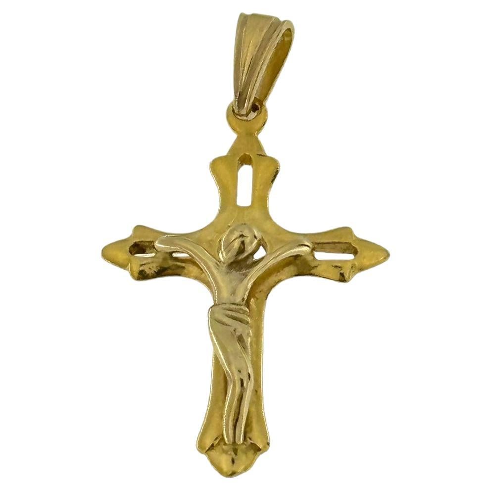 Italian Modern Crucifix Yellow Gold Lily Flower Endings