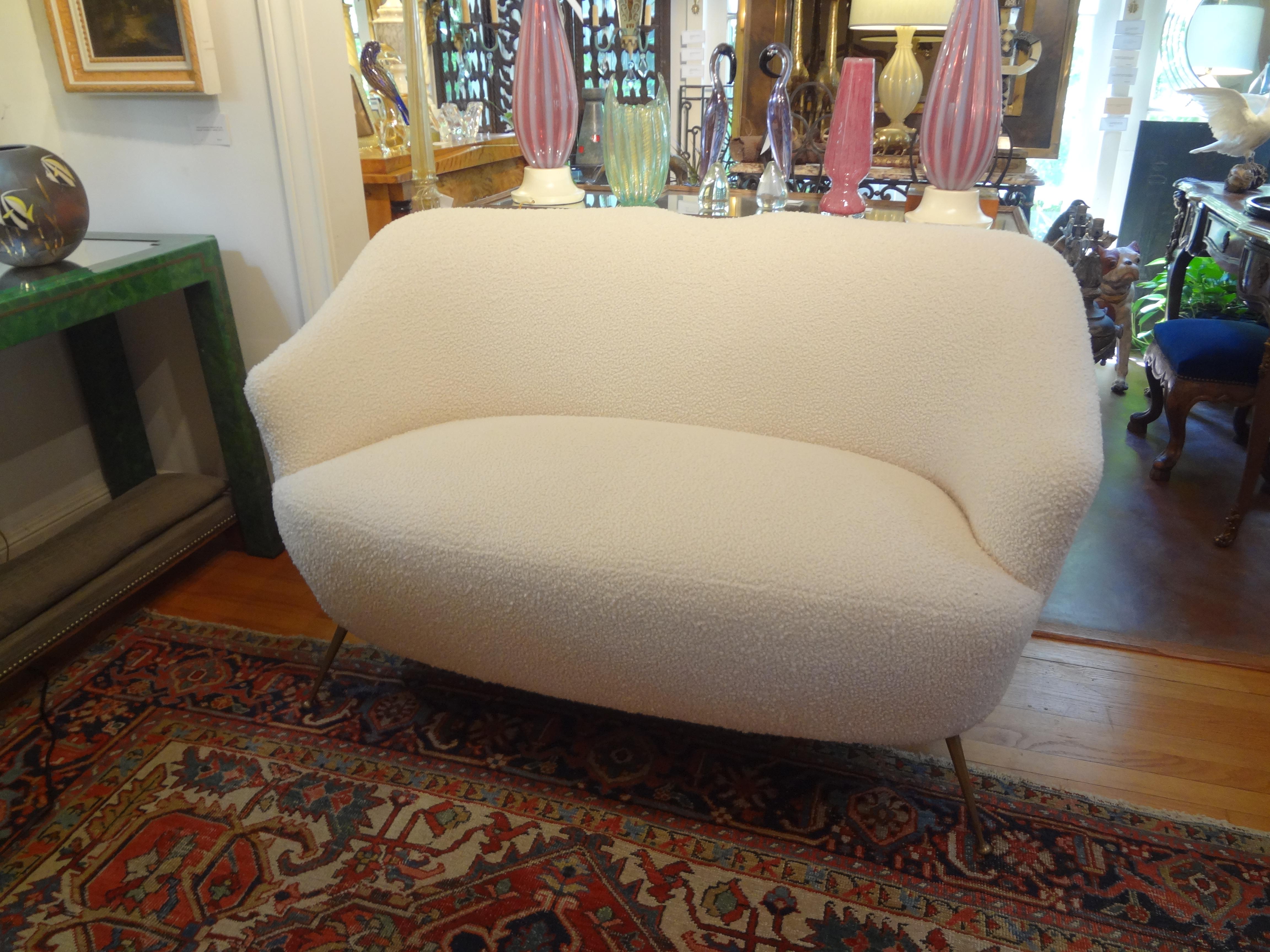 Italian Modern Curved Loveseat with Brass Legs, circa 1950 For Sale 3