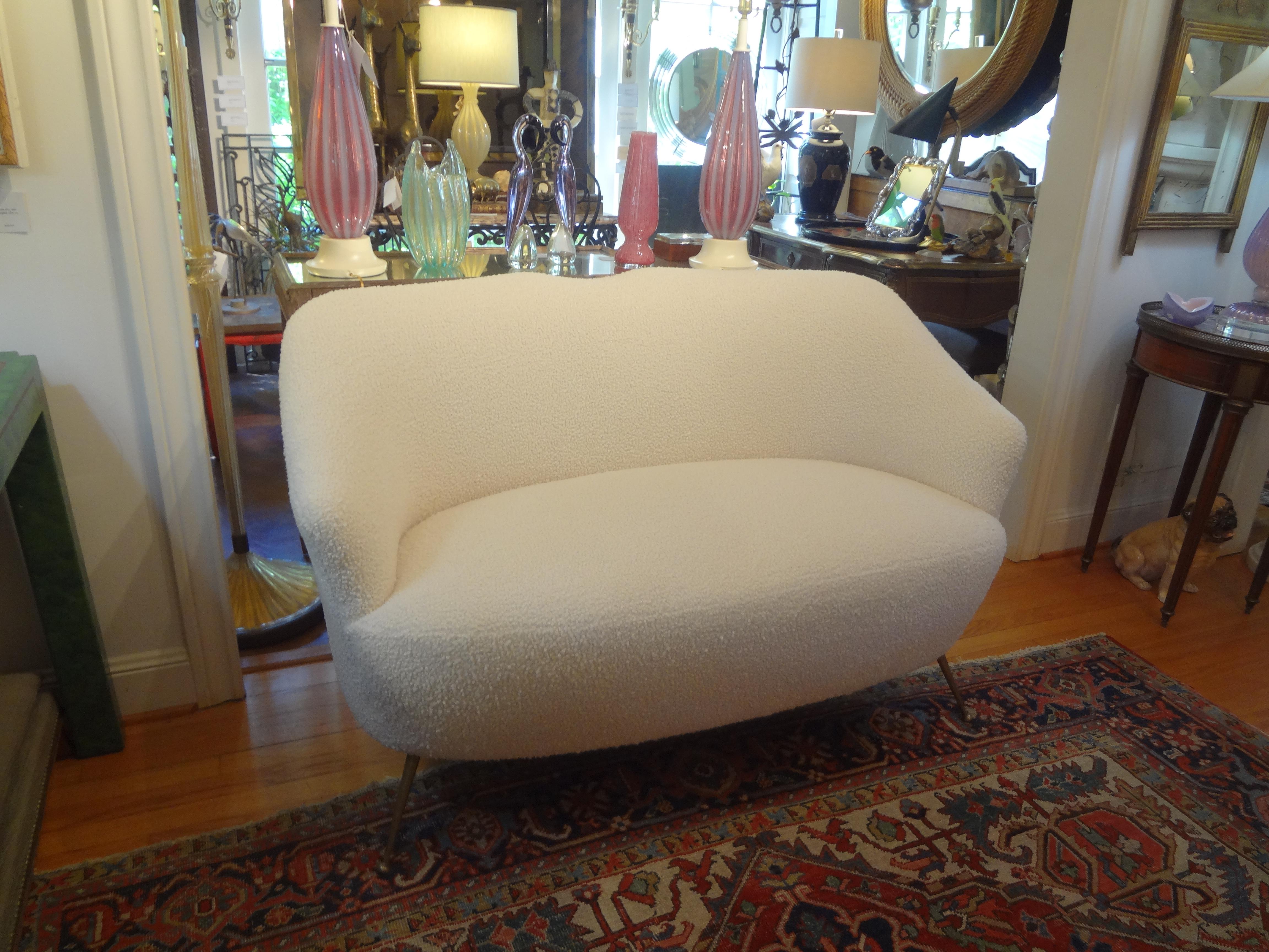 Italian Modern Curved Loveseat with Brass Legs, circa 1950 For Sale 4