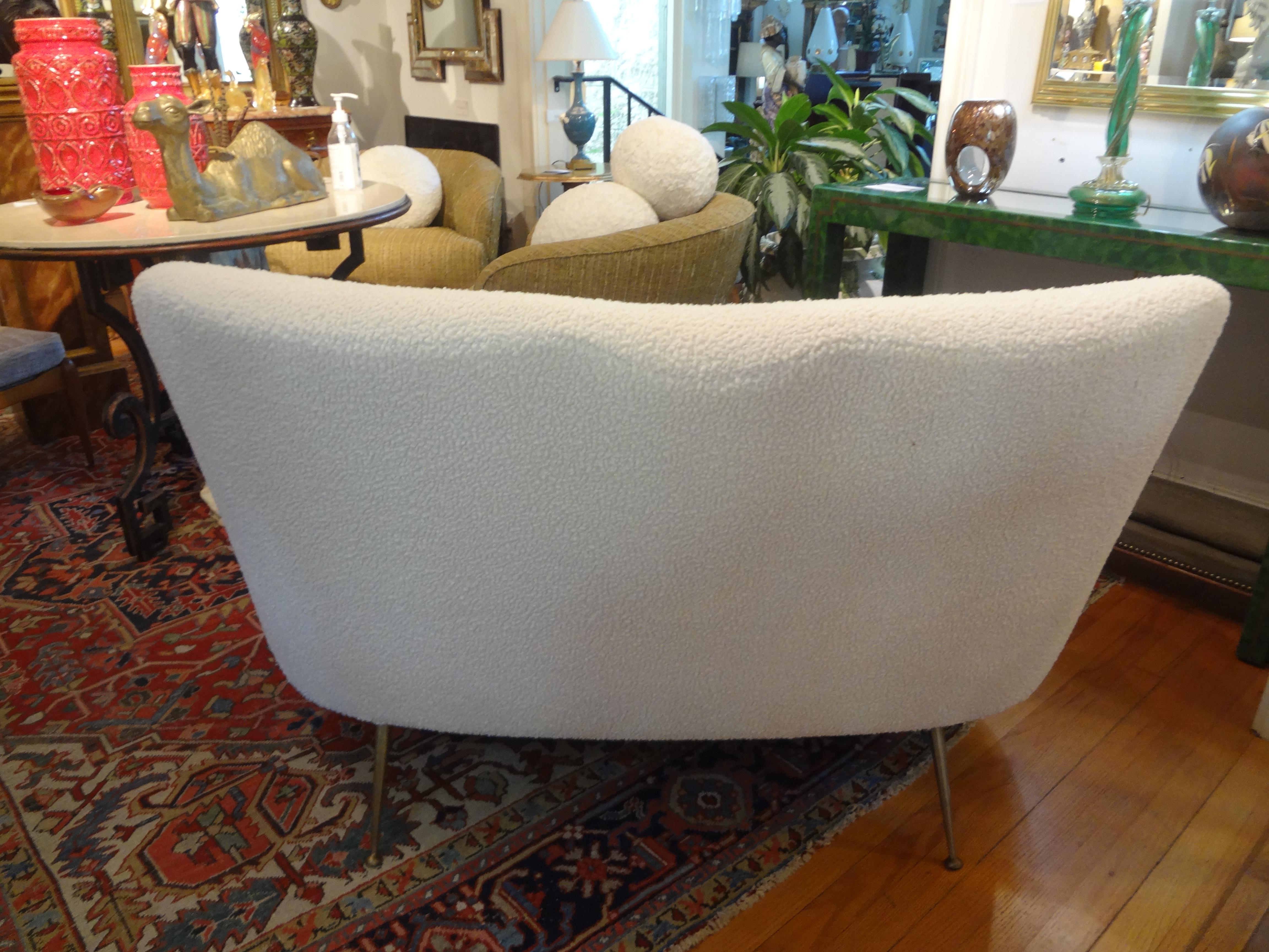 Italian Modern Curved Loveseat with Brass Legs, circa 1950 In Good Condition For Sale In Houston, TX