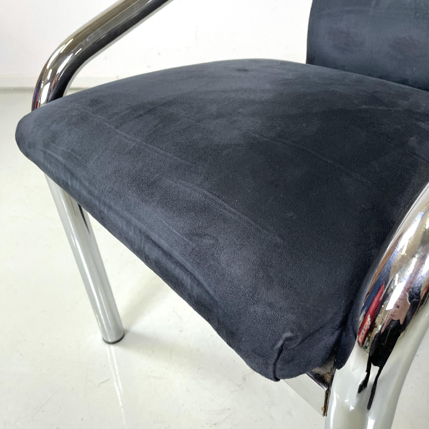 Italian modern dark blue velvet and chromed metal chairs, 1980s For Sale 7