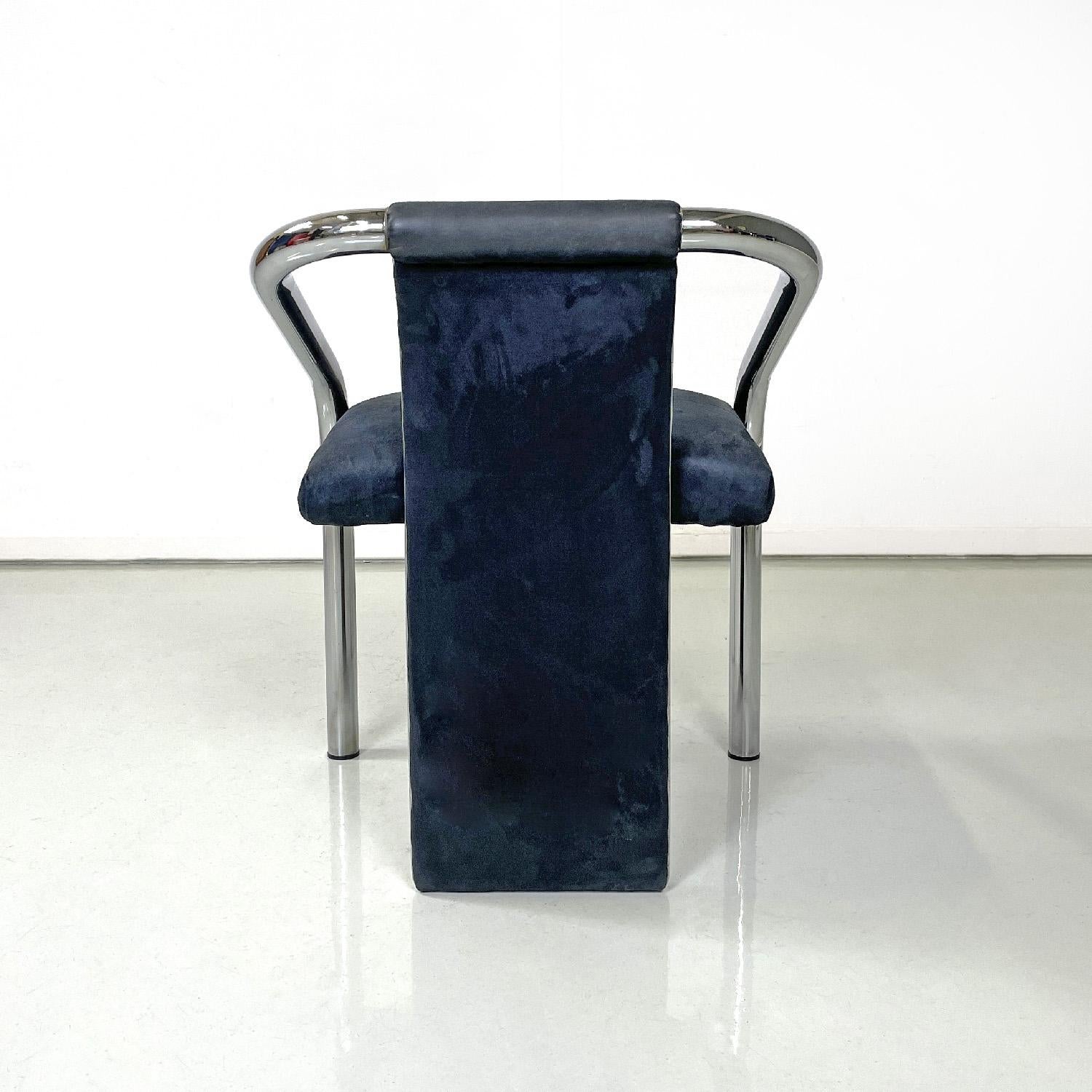 Metal Italian modern dark blue velvet and chromed metal chairs, 1980s For Sale