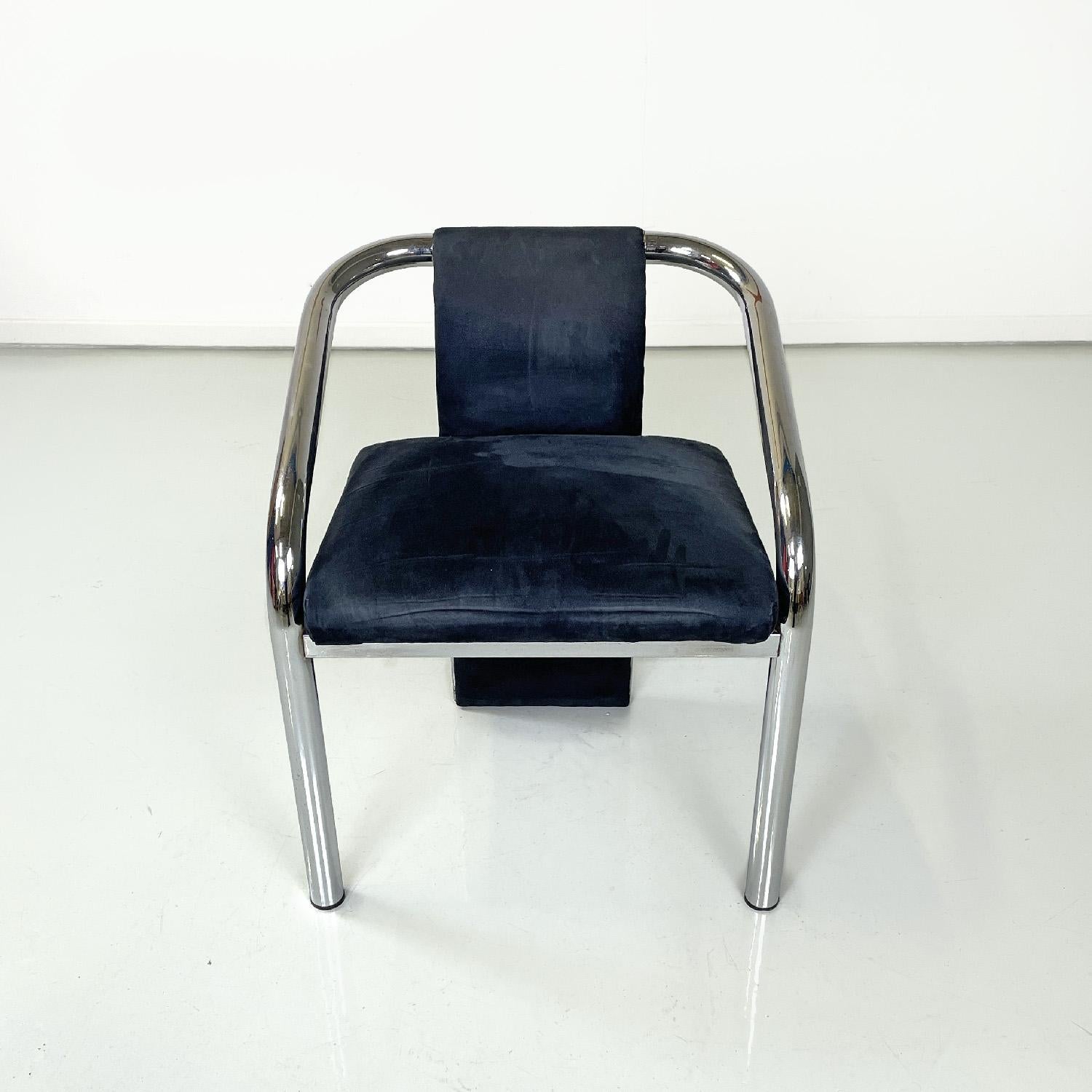 Italian modern dark blue velvet and chromed metal chairs, 1980s For Sale 1