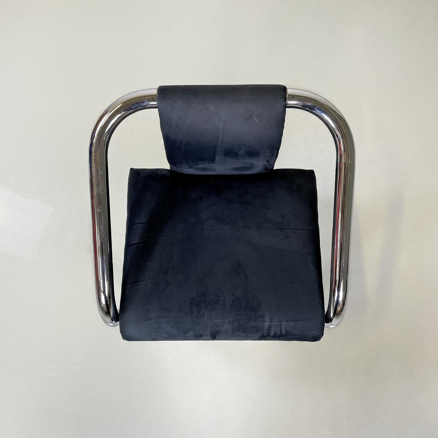 Italian modern dark blue velvet and chromed metal chairs, 1980s For Sale 2