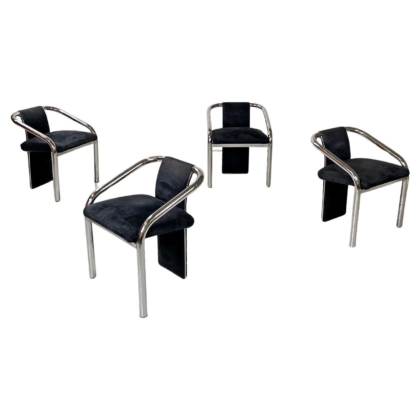 Italian modern dark blue velvet and chromed metal chairs, 1980s