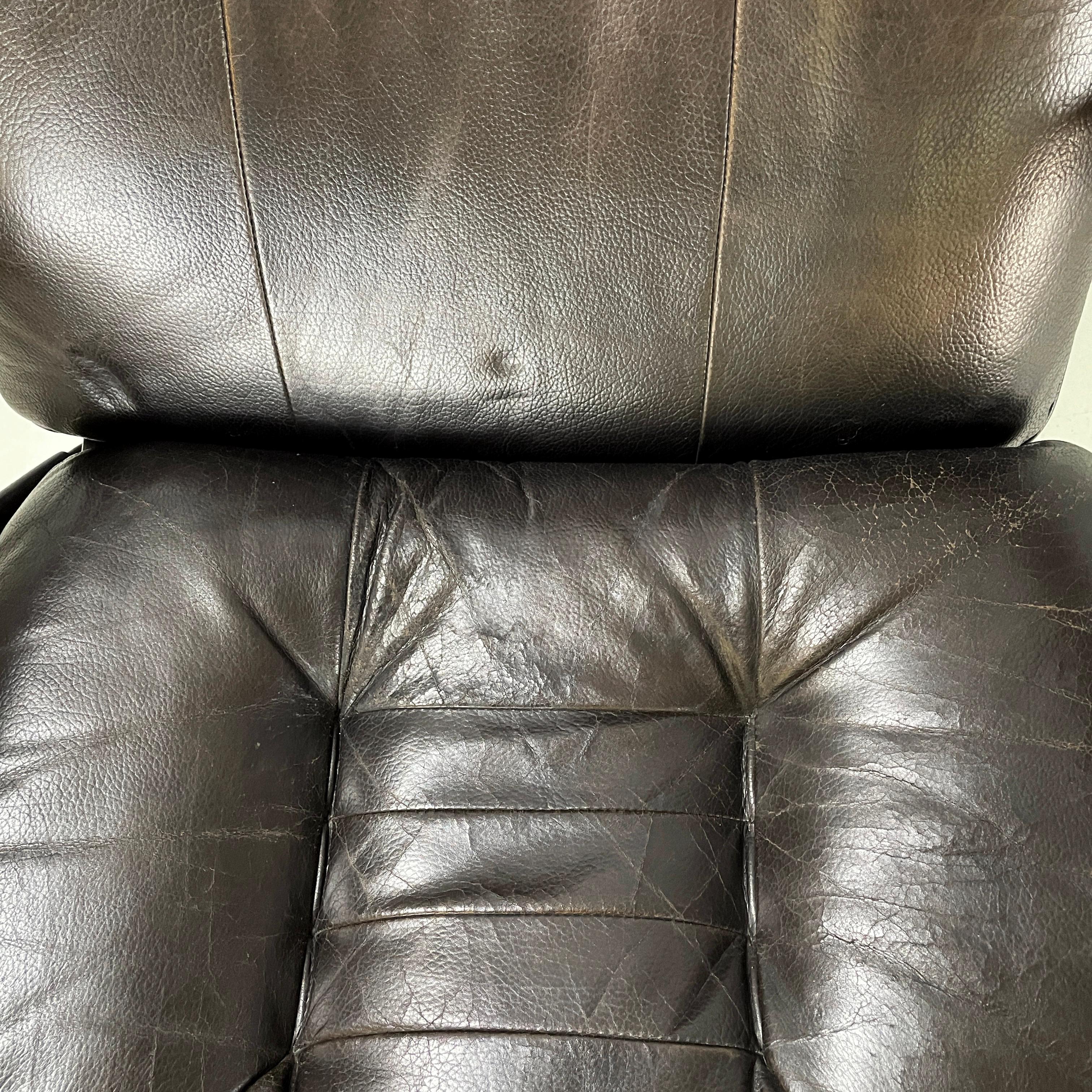 Italian modern Dark brown leather Reclining armchairs and pouf by De Sede, 1970s For Sale 9