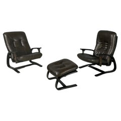 Sillones reclinables y puf modernos italianos de cuero marrón oscuro de De Sede, años 70