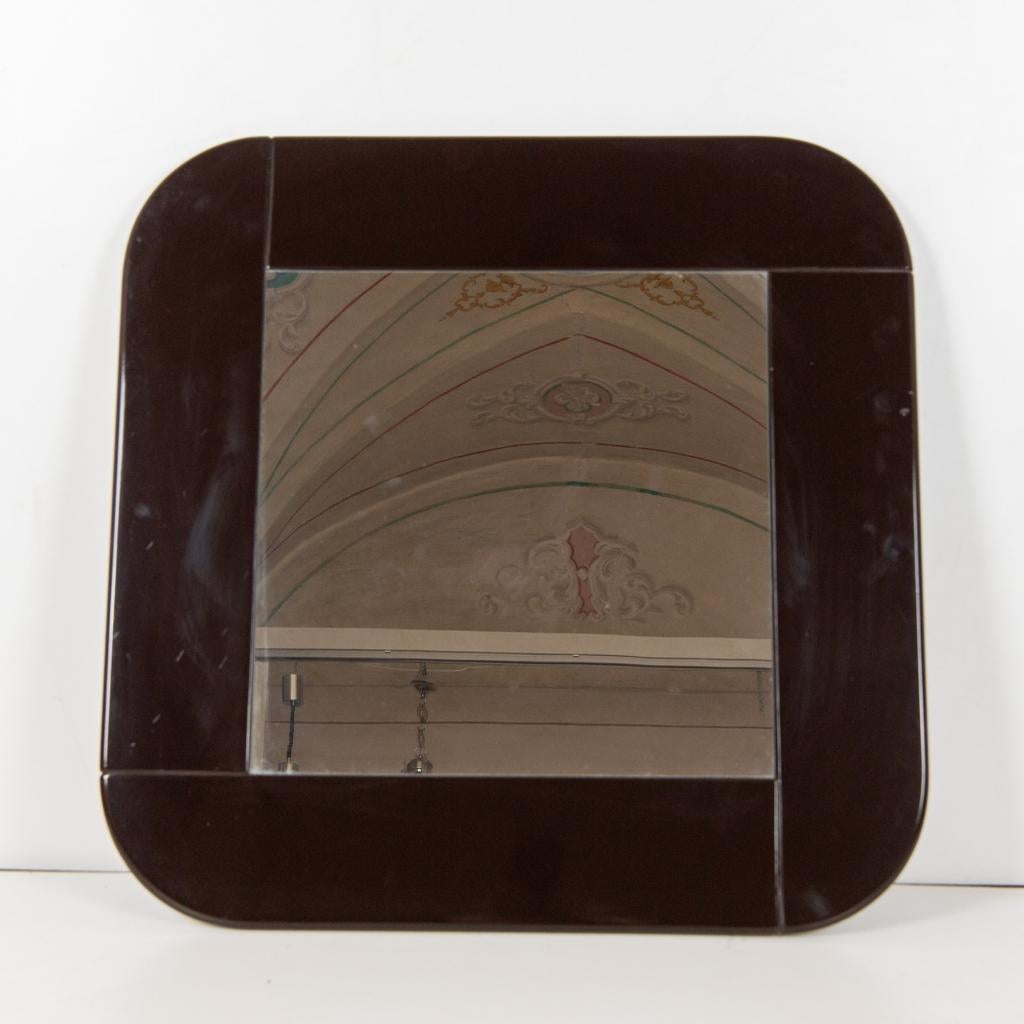 Glass Italian Modern Dark Brown Square Wall Mirror, Italy 1980s For Sale